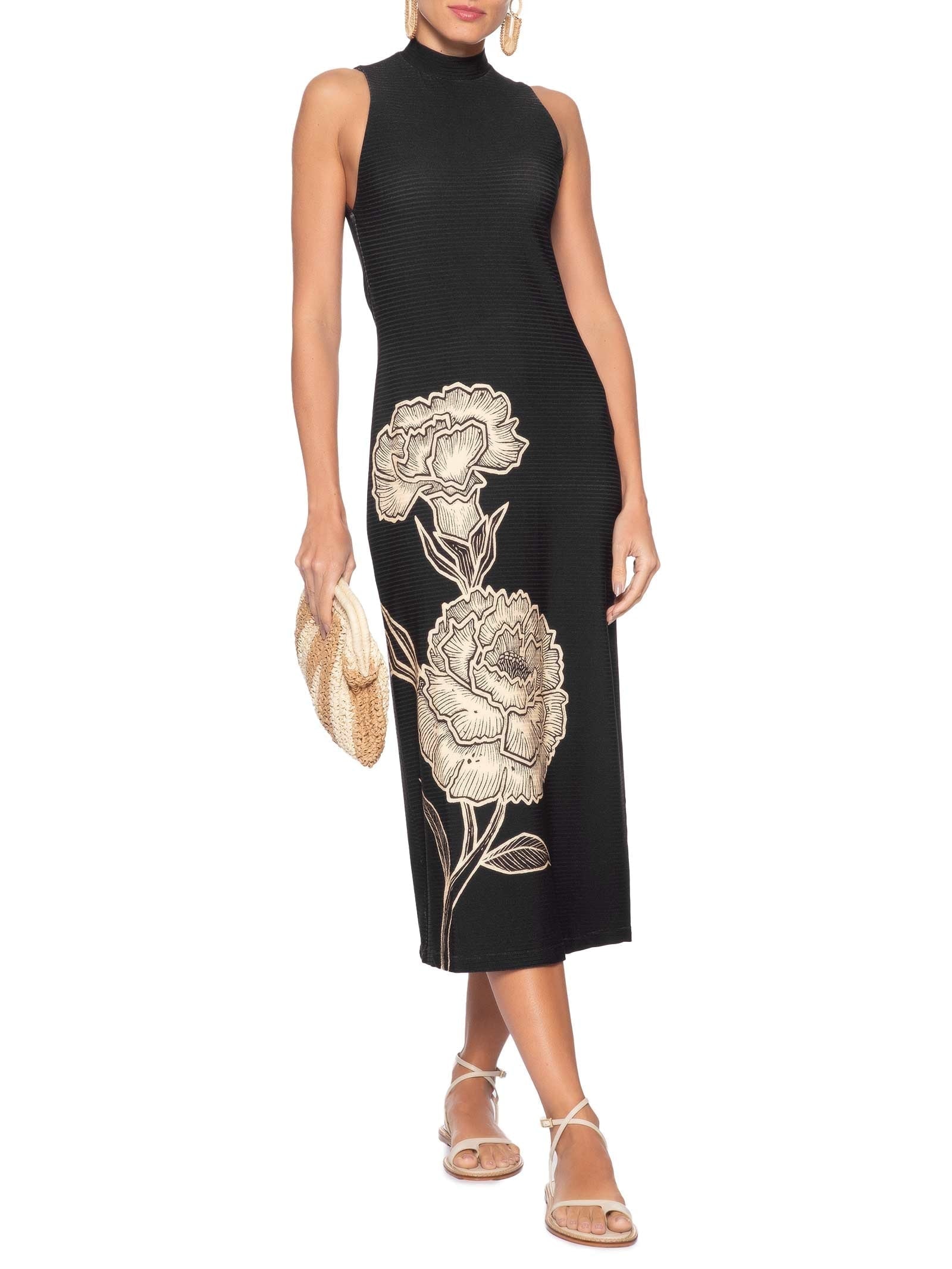 Vestido Midi Gola Alta Jardim de Cordel – Preto Farm
