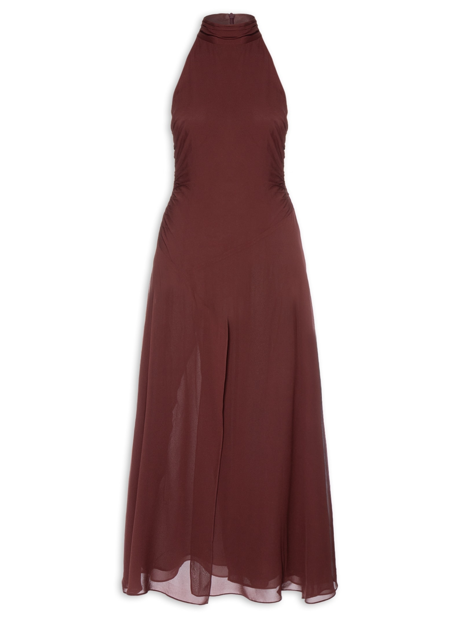 Vestido Midi Gola Alta Marrom Animale