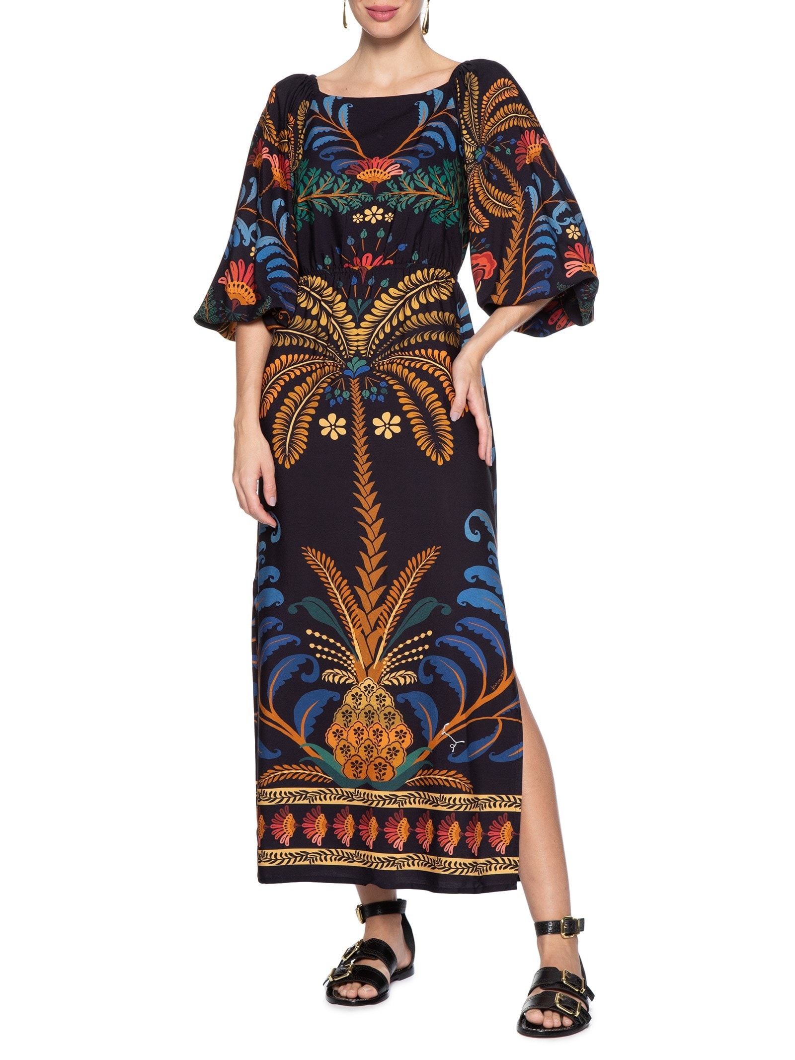 Vestido Midi Jardim Clássico Preto Farm