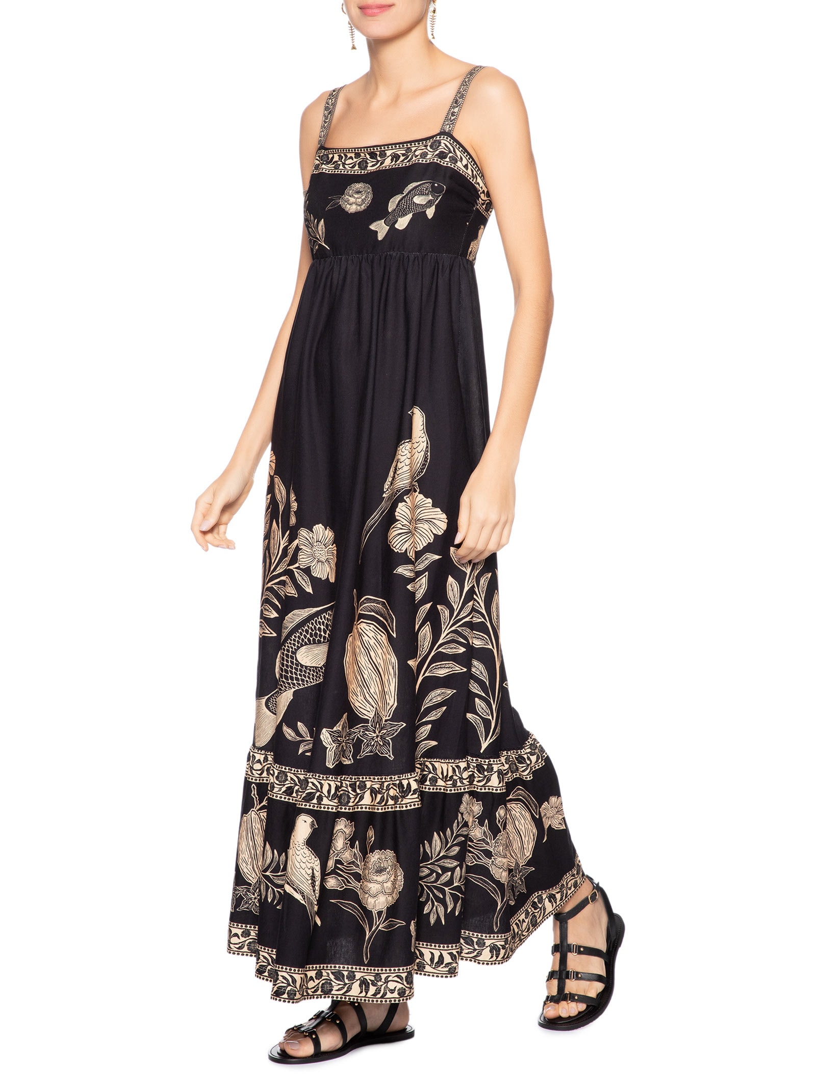 Vestido Midi Jardim De Cordel Preto Farm