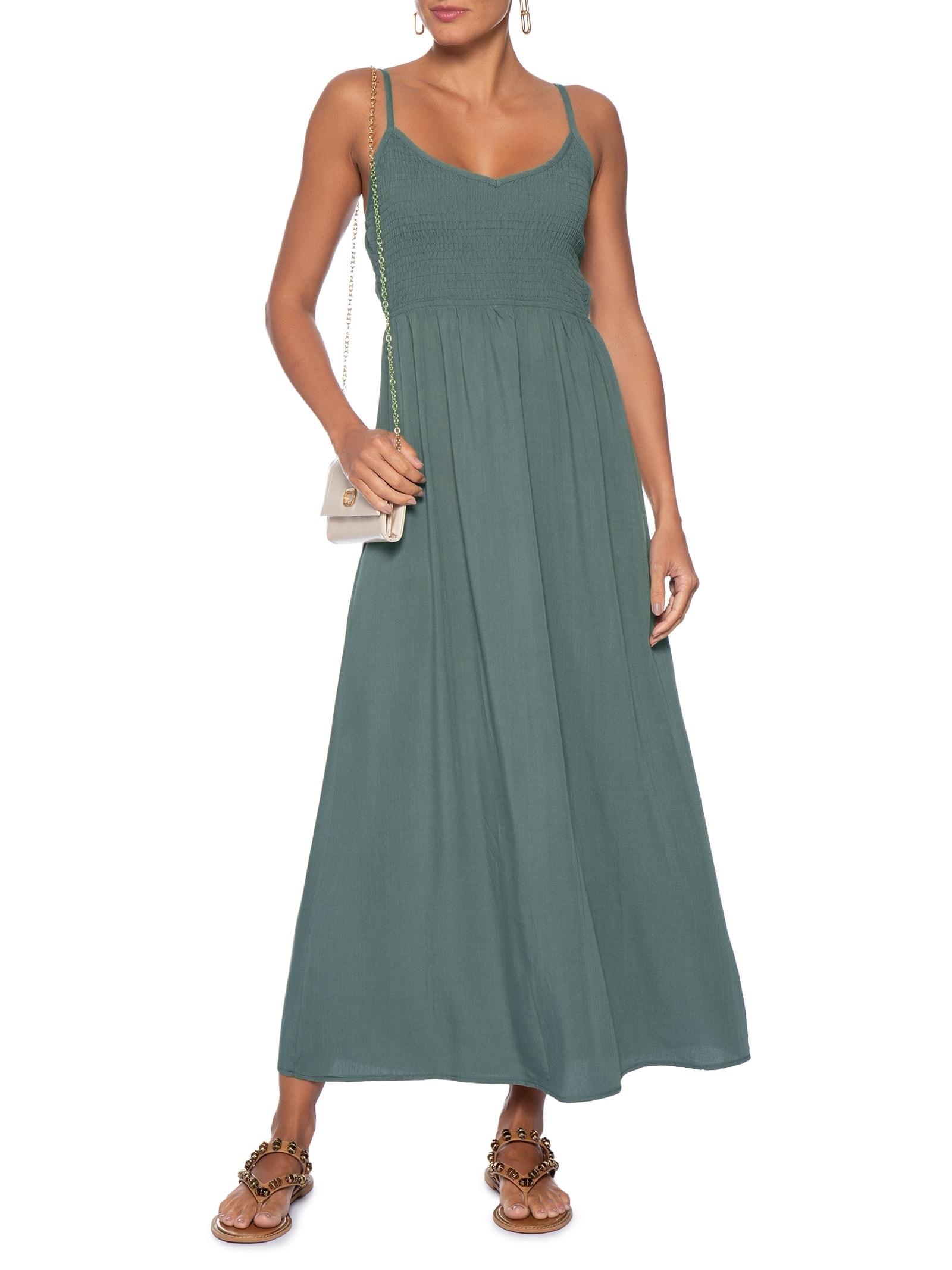 Vestido Midi Lastex Acinturado Verde Basiq