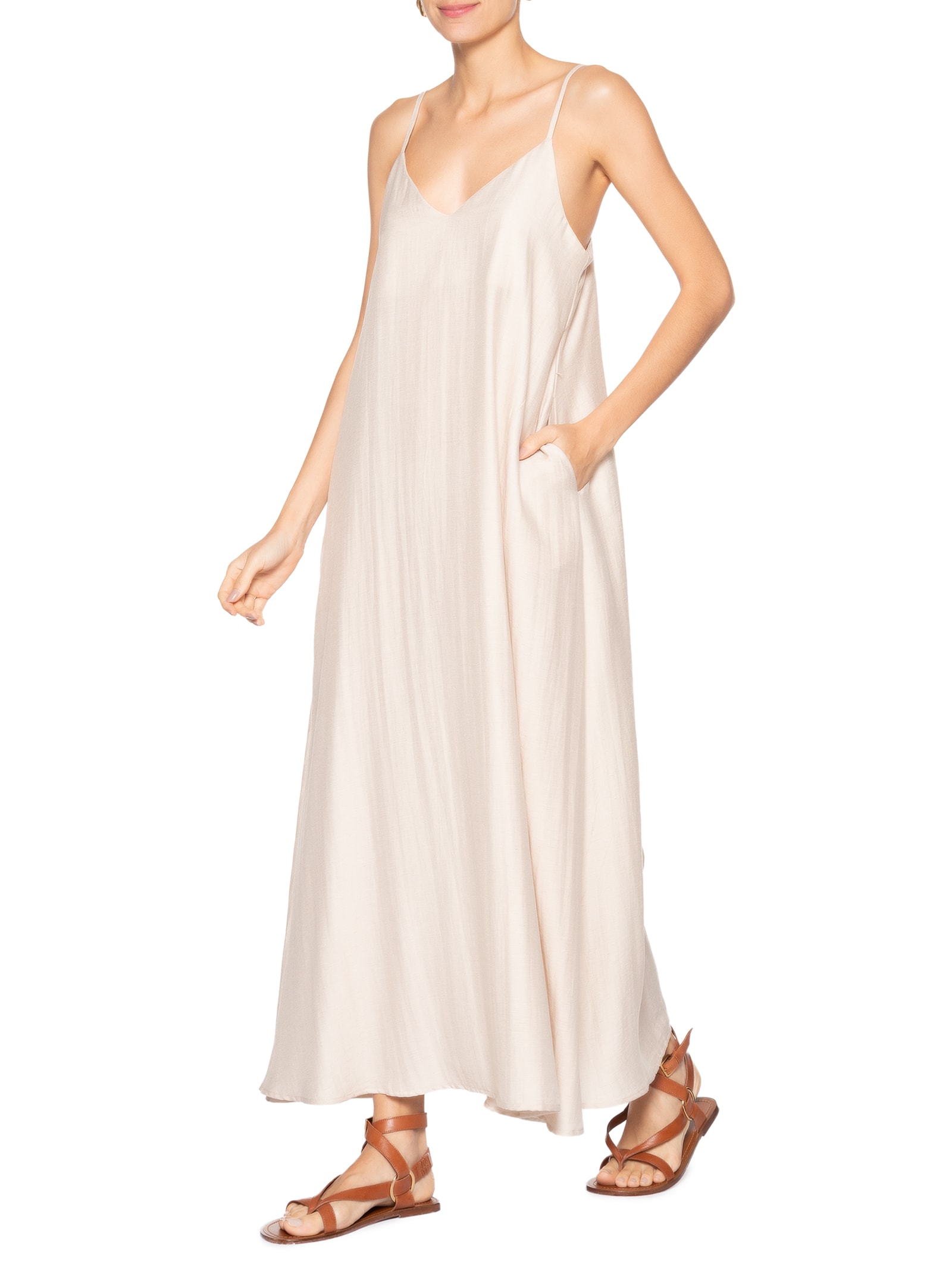 Vestido Midi Leve Alcinha Bege Basiq