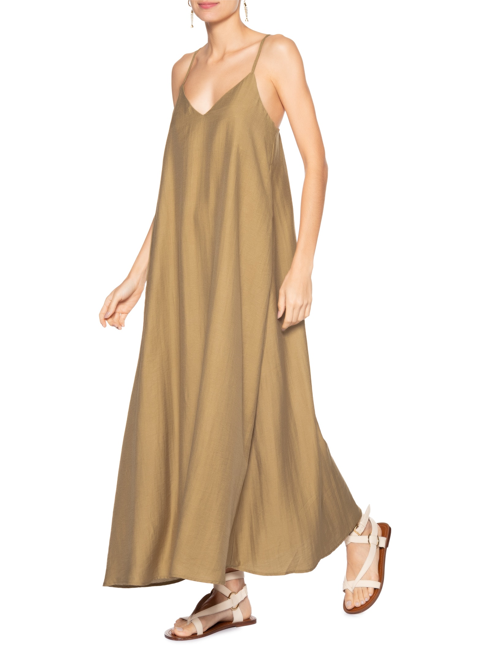 Vestido Midi Leve Alcinha Bege Basiq