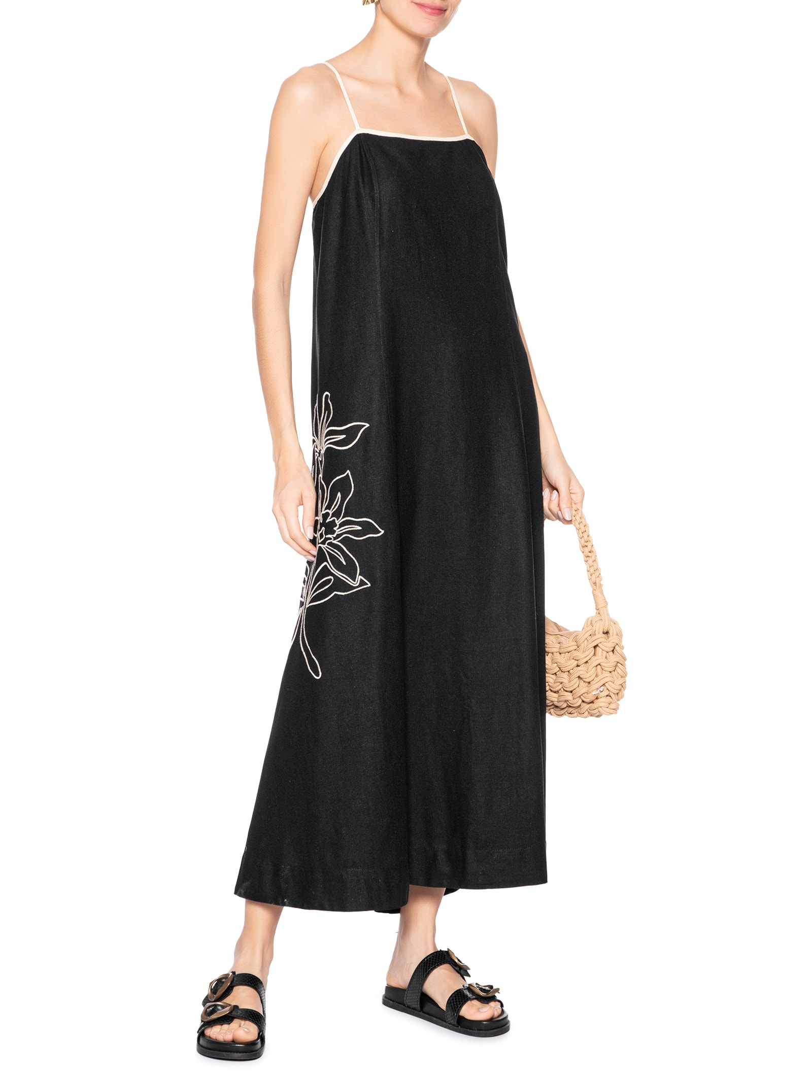 Vestido Midi Linho Bordado Floral Preto Dress To