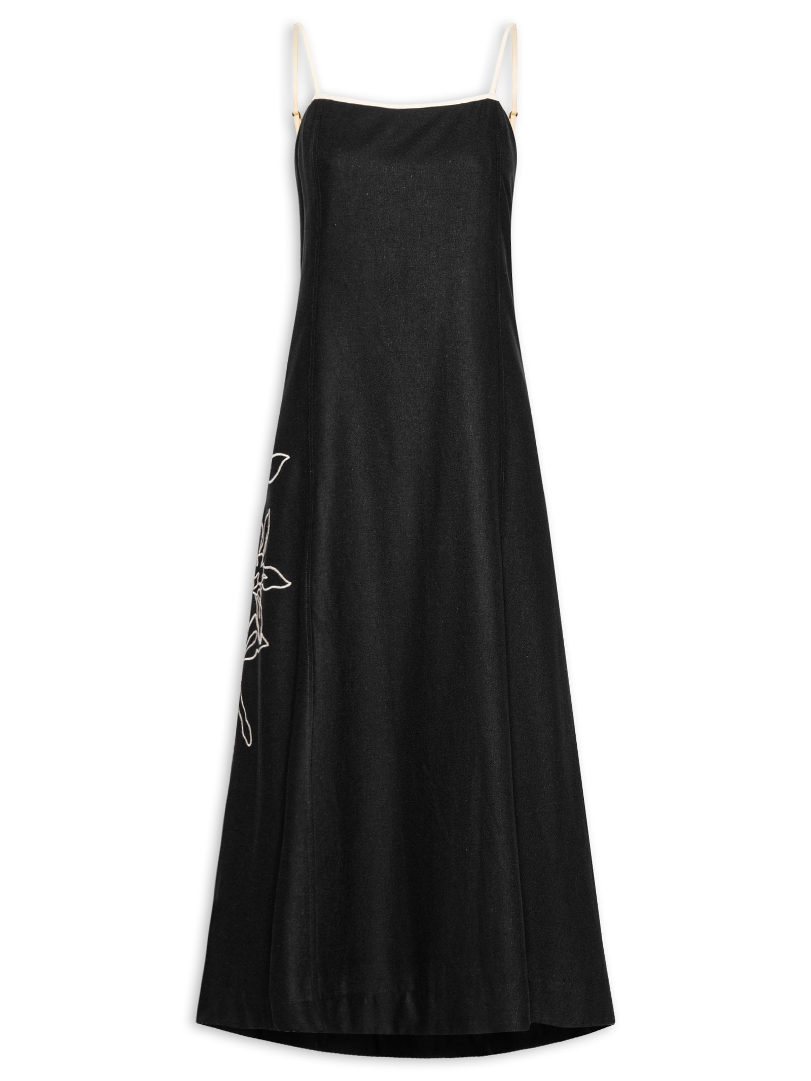 Vestido Midi Linho Bordado Floral Preto Dress To