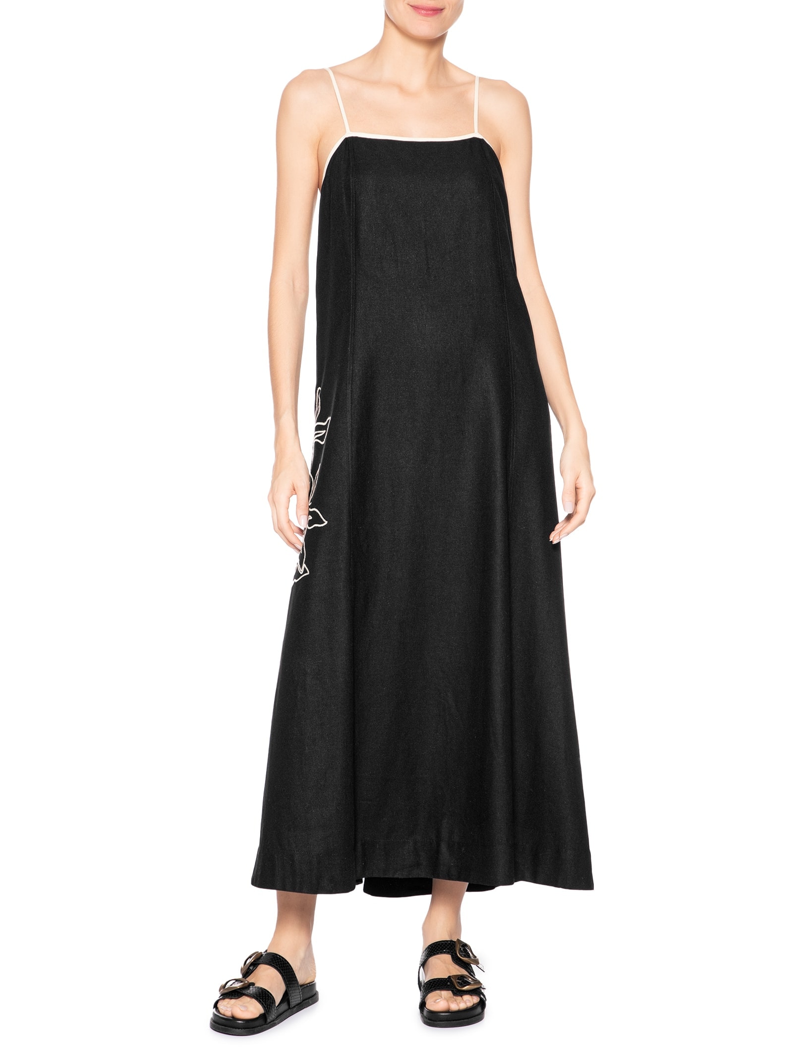 Vestido Midi Linho Bordado Floral Preto Dress To