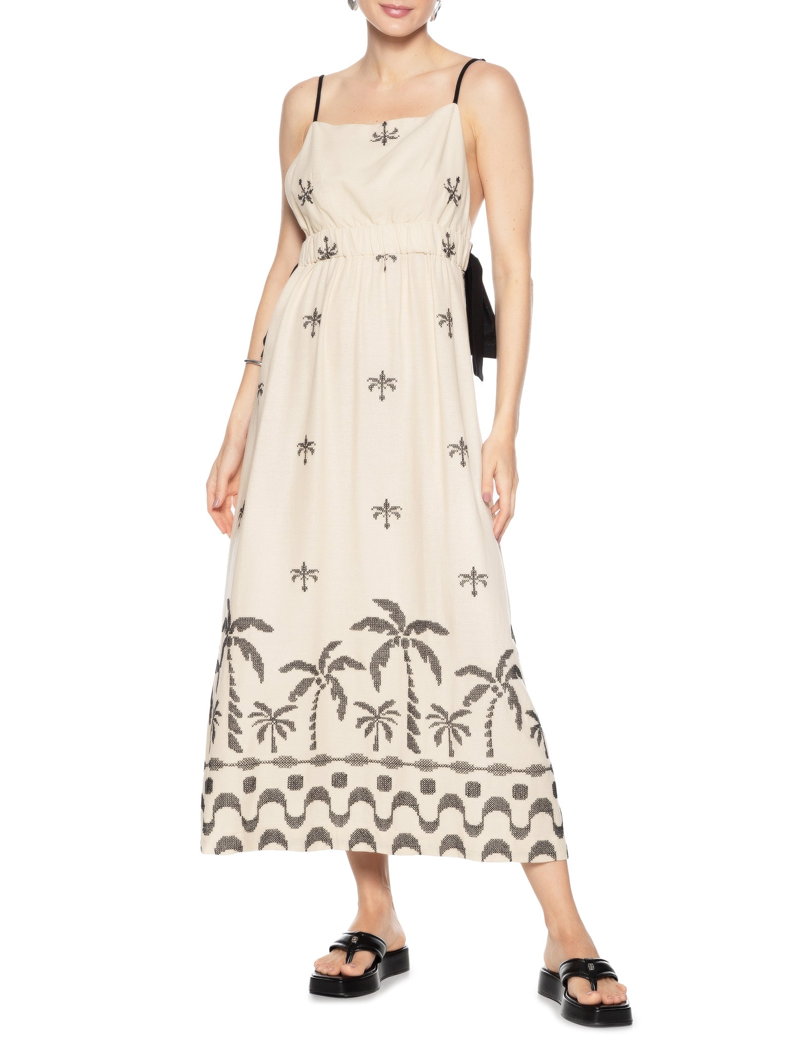 Vestido Midi Linho Bordado Orla Bege Dress To