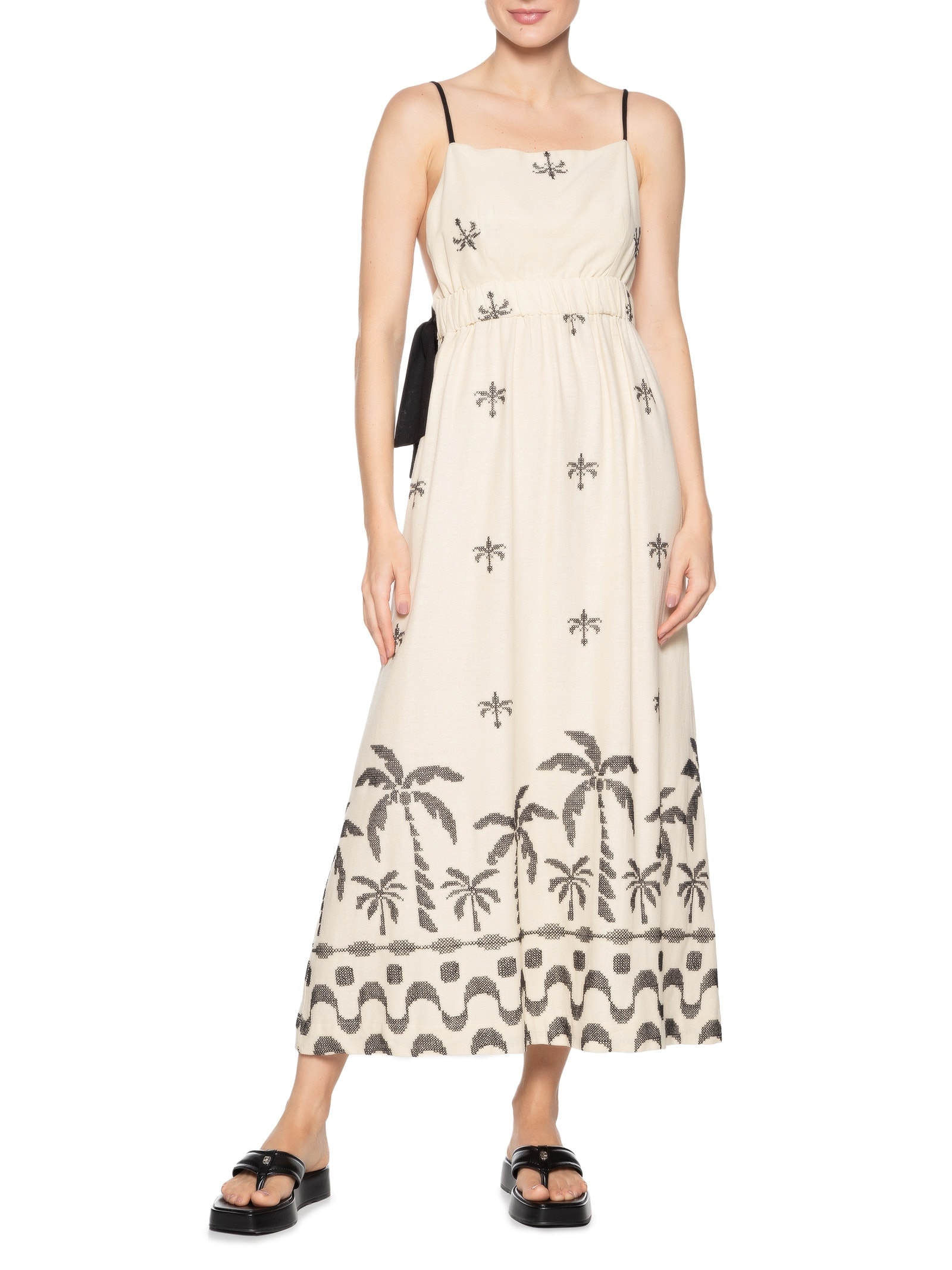 Vestido Midi Linho Bordado Orla Bege Dress To