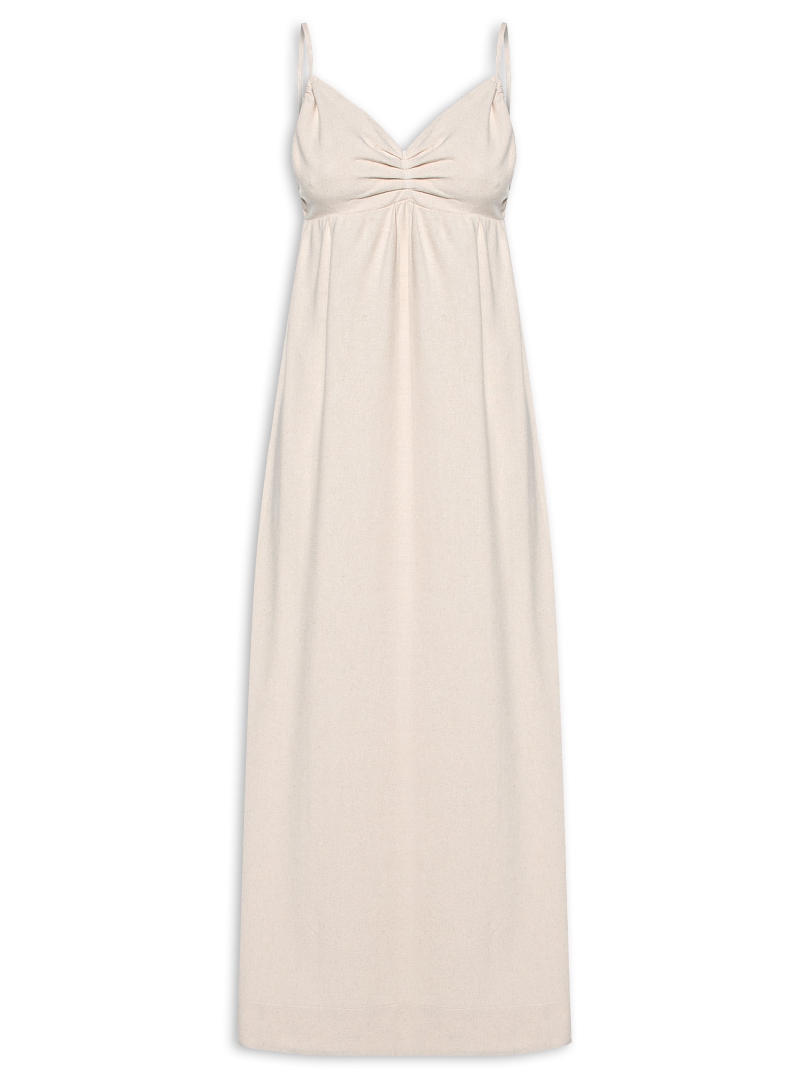 Vestido Midi Linho Busto Franzido Bege Dress To