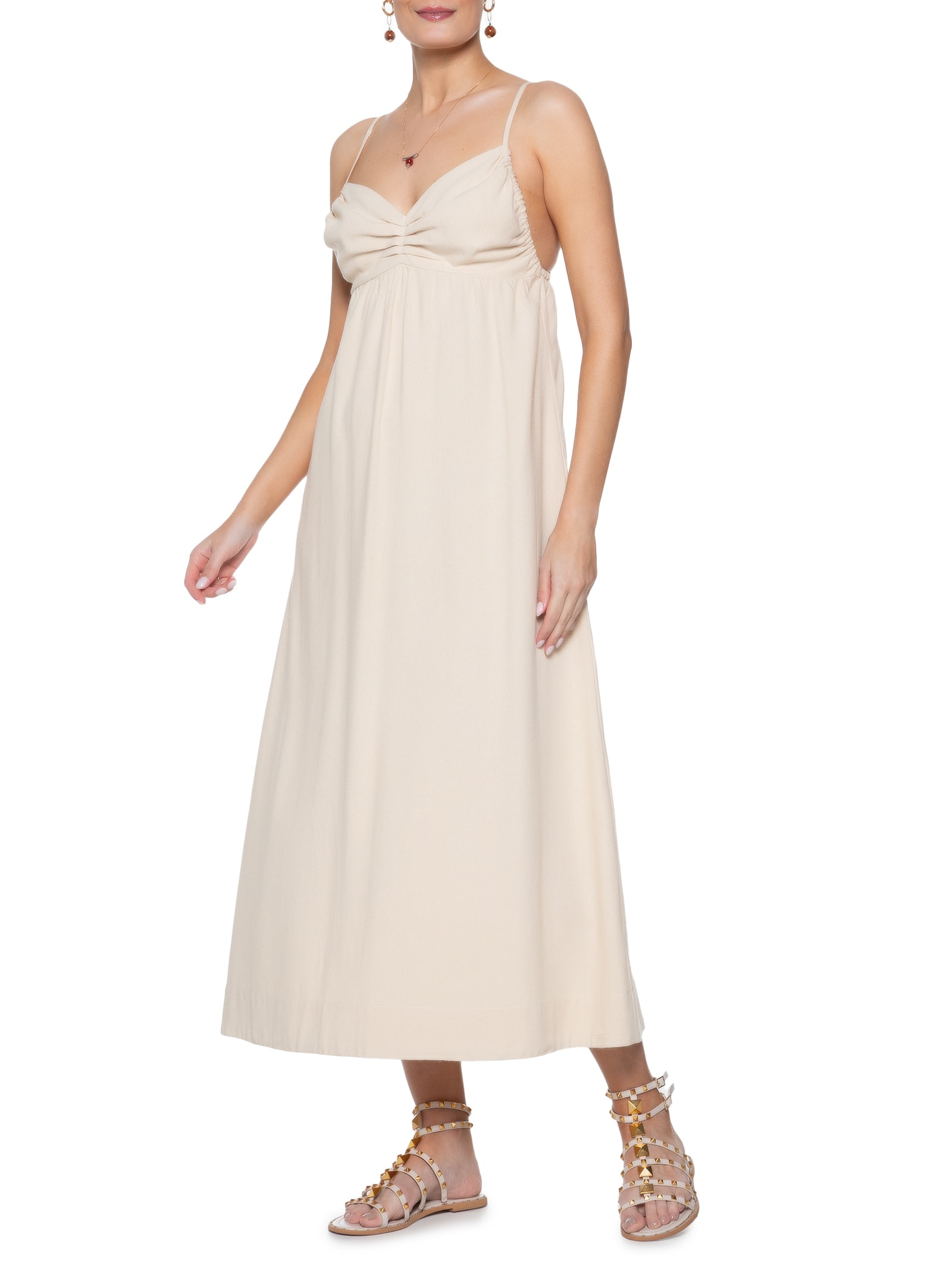 Vestido Midi Linho Busto Franzido Bege Dress To