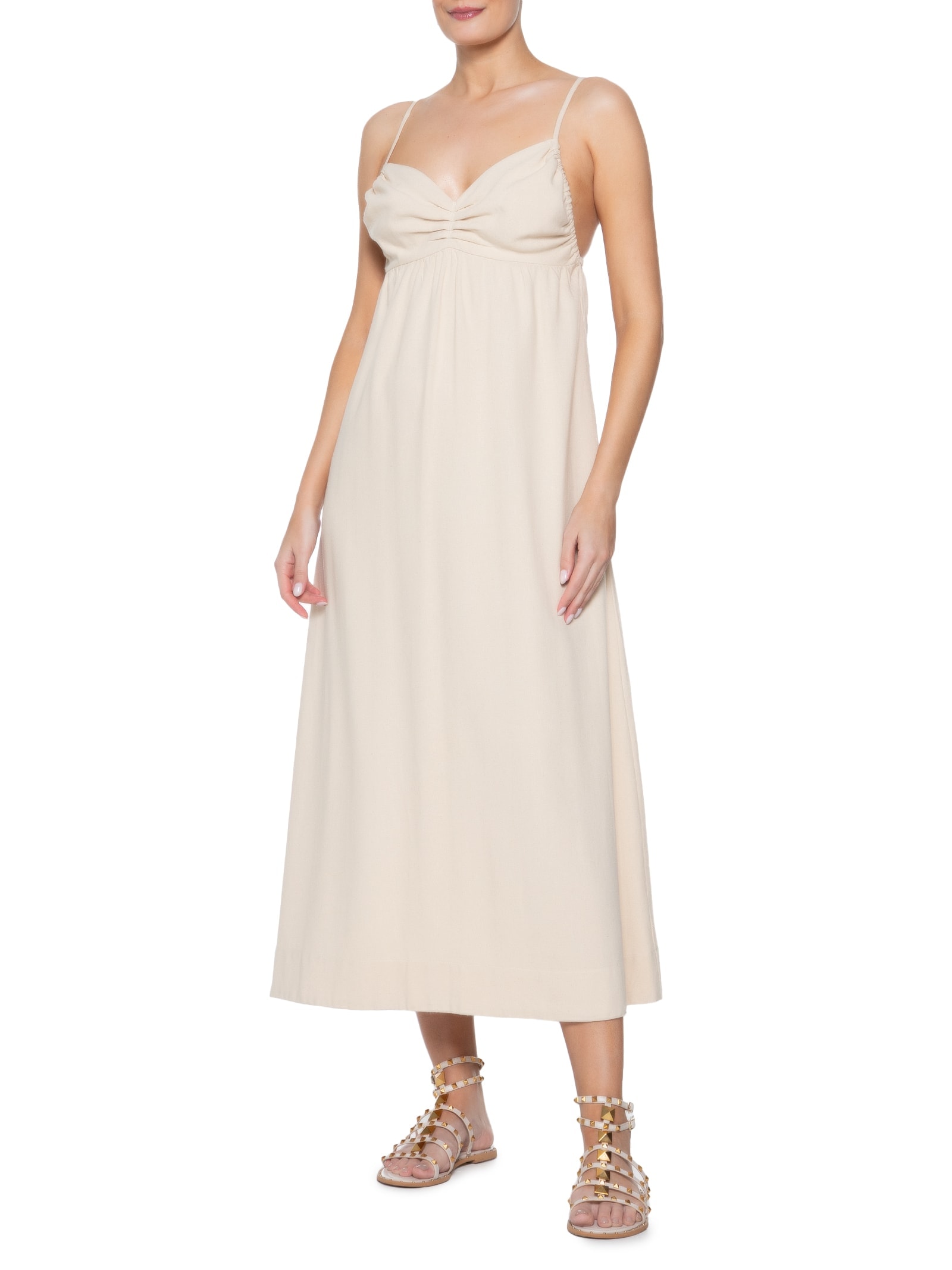 Vestido Midi Linho Busto Franzido Bege Dress To