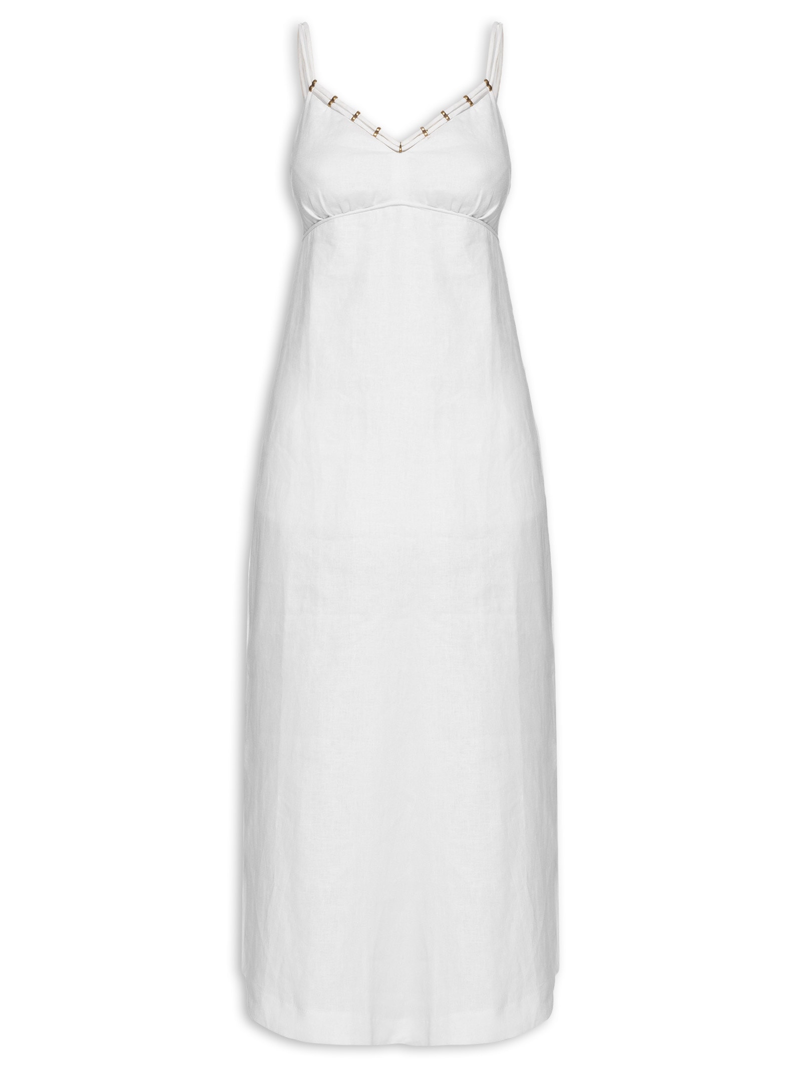 Vestido Midi Linho Decote Metais Branco Maria Filó