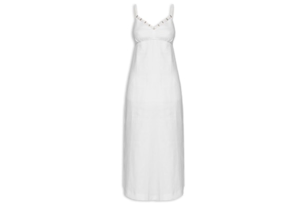 Vestido Midi Linho Decote Metais - Branco