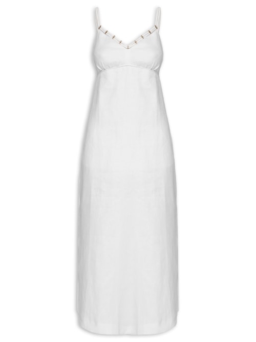 Vestido Midi Linho Decote Metais – Branco