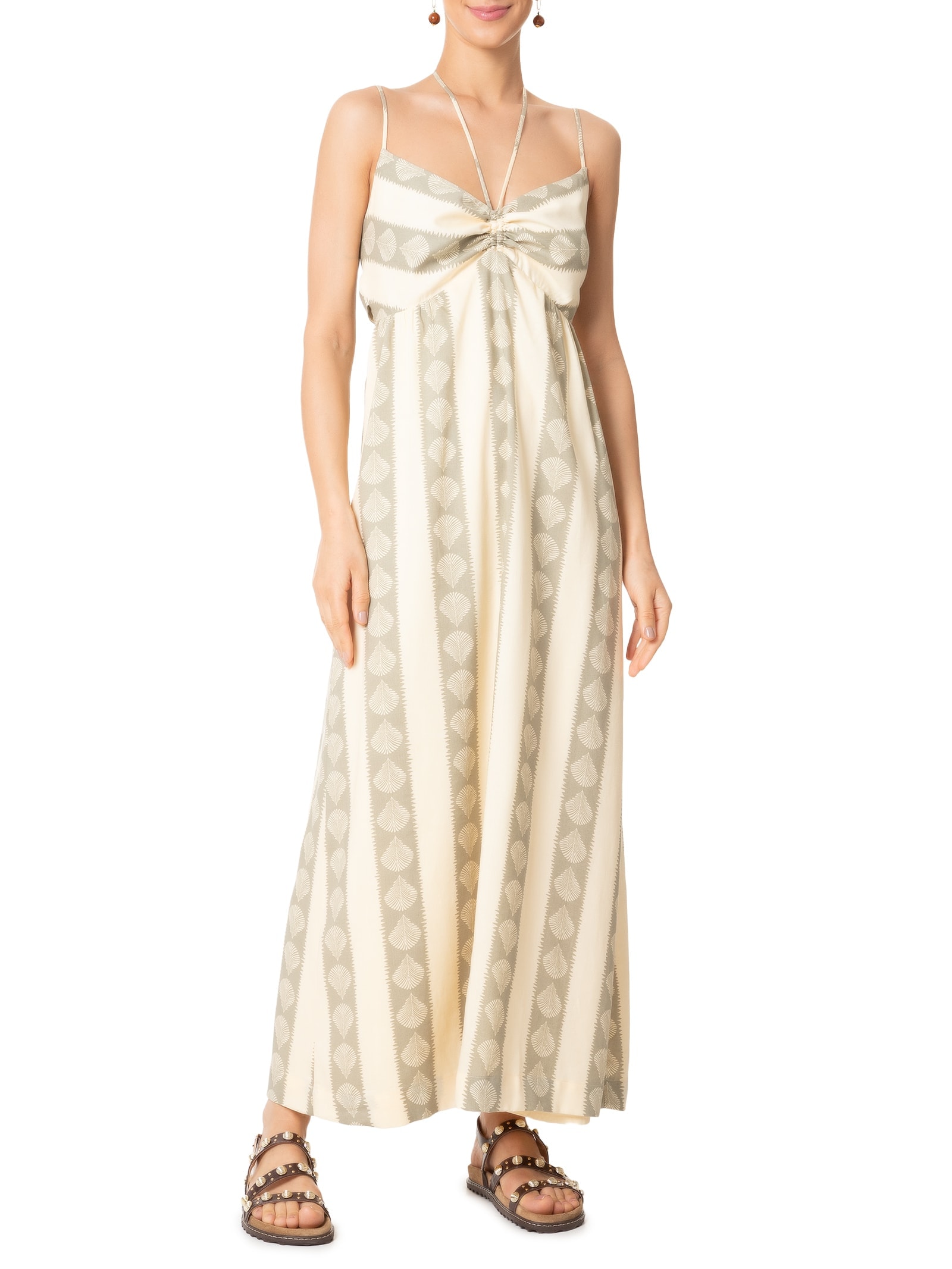 Vestido Midi Linho Estampa Atins Bege Dress To