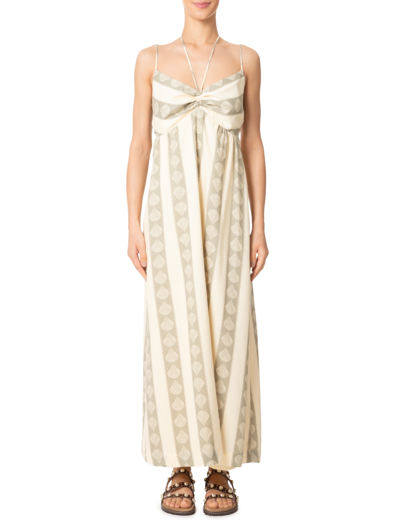 Vestido Midi Linho Estampa Atins Bege Dress To