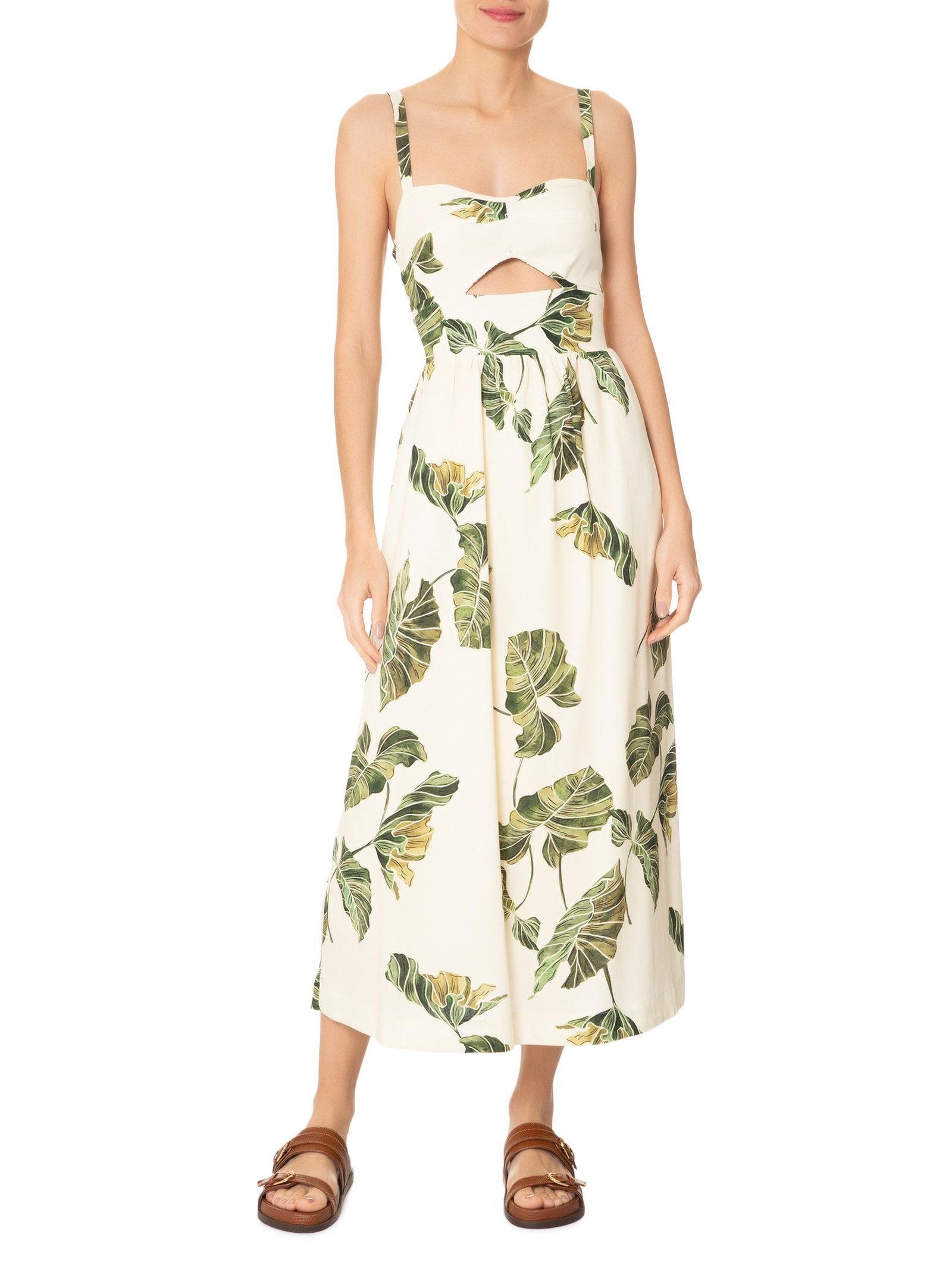 Vestido Midi Linho Estampa Folhar Amarelo Dress To