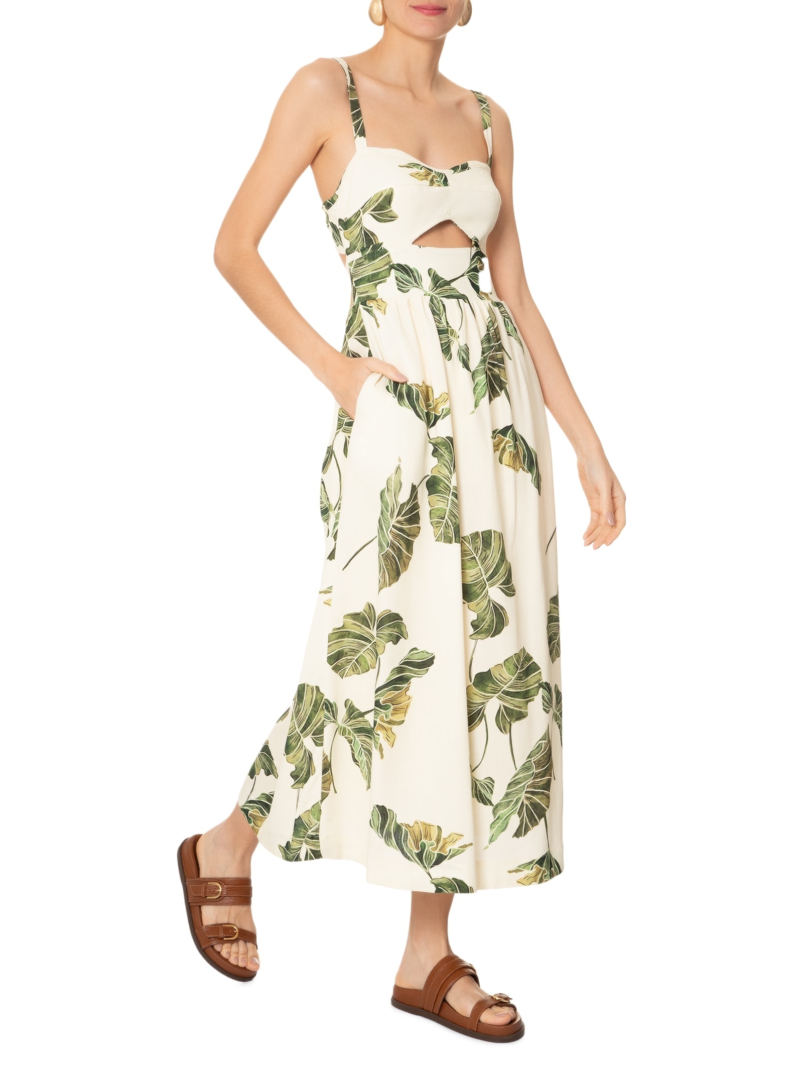 Vestido Midi Linho Estampa Folhar Amarelo Dress To