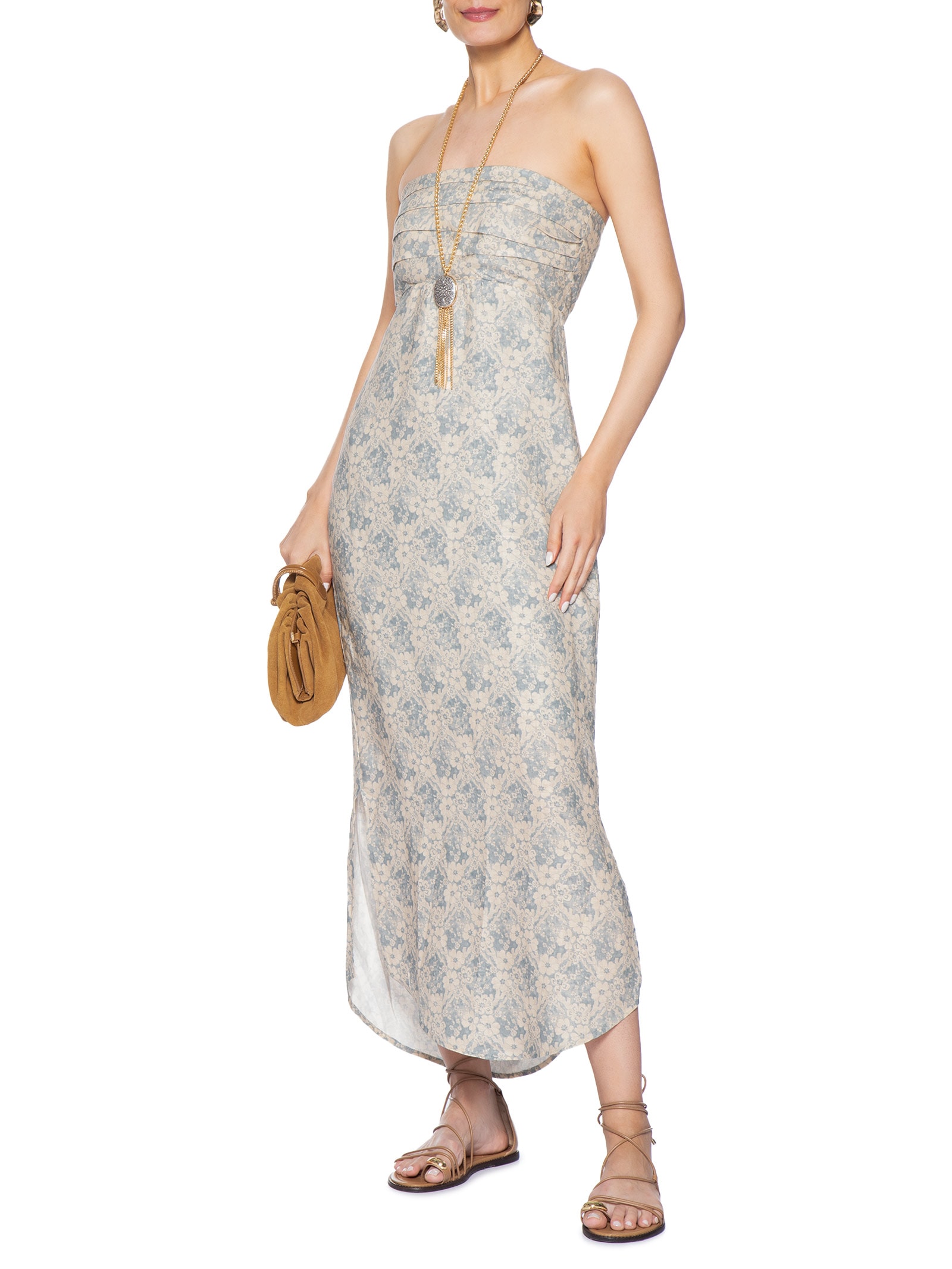 Vestido Midi Linho Estampa Melissa Azul Maria Filó