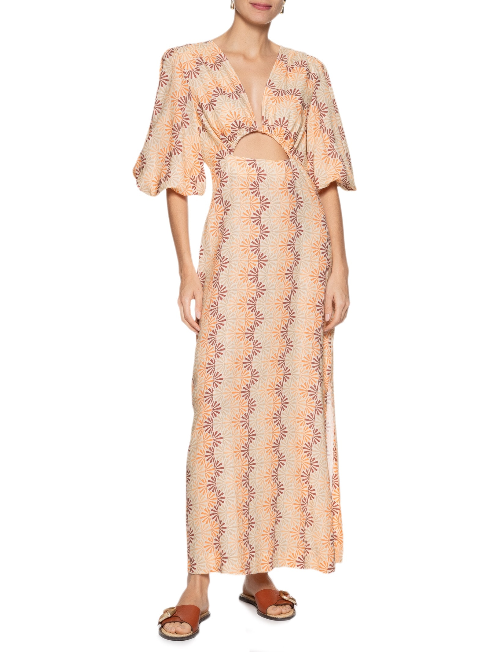 Vestido Midi Linho Estampa Radiante Bege Dress To