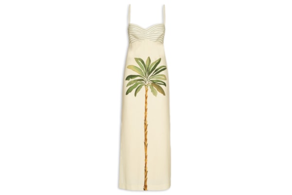 Vestido Midi Linho Estampa Tropicana - Bege