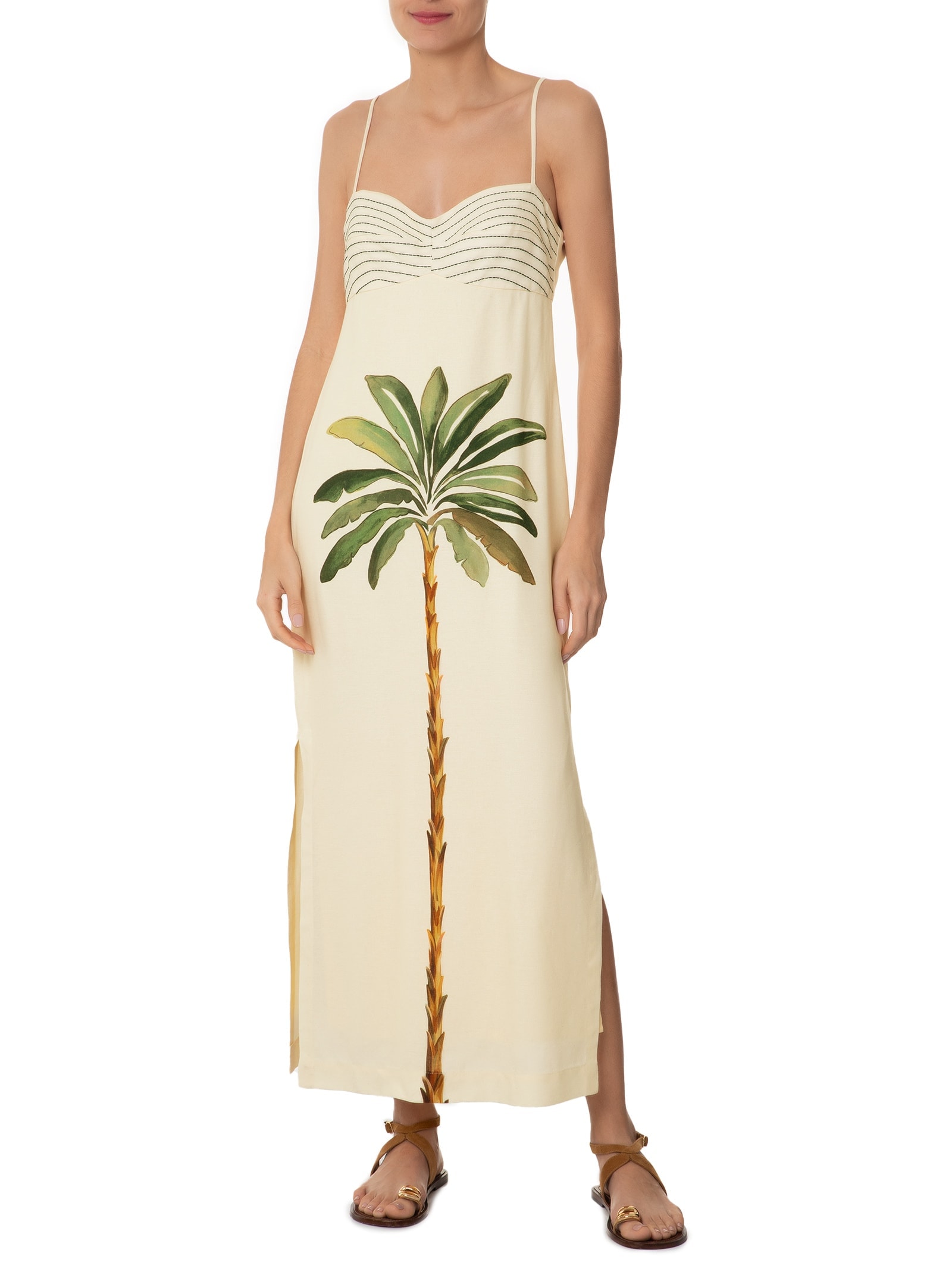 Vestido Midi Linho Estampa Tropicana Bege Dress To