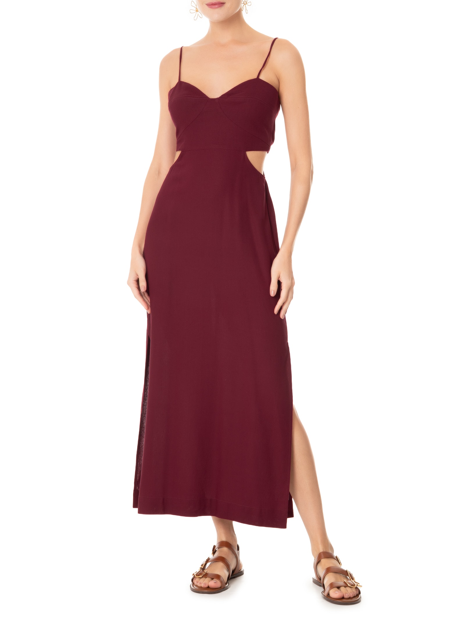 Vestido Midi Linho Recortes Vinho Dress To