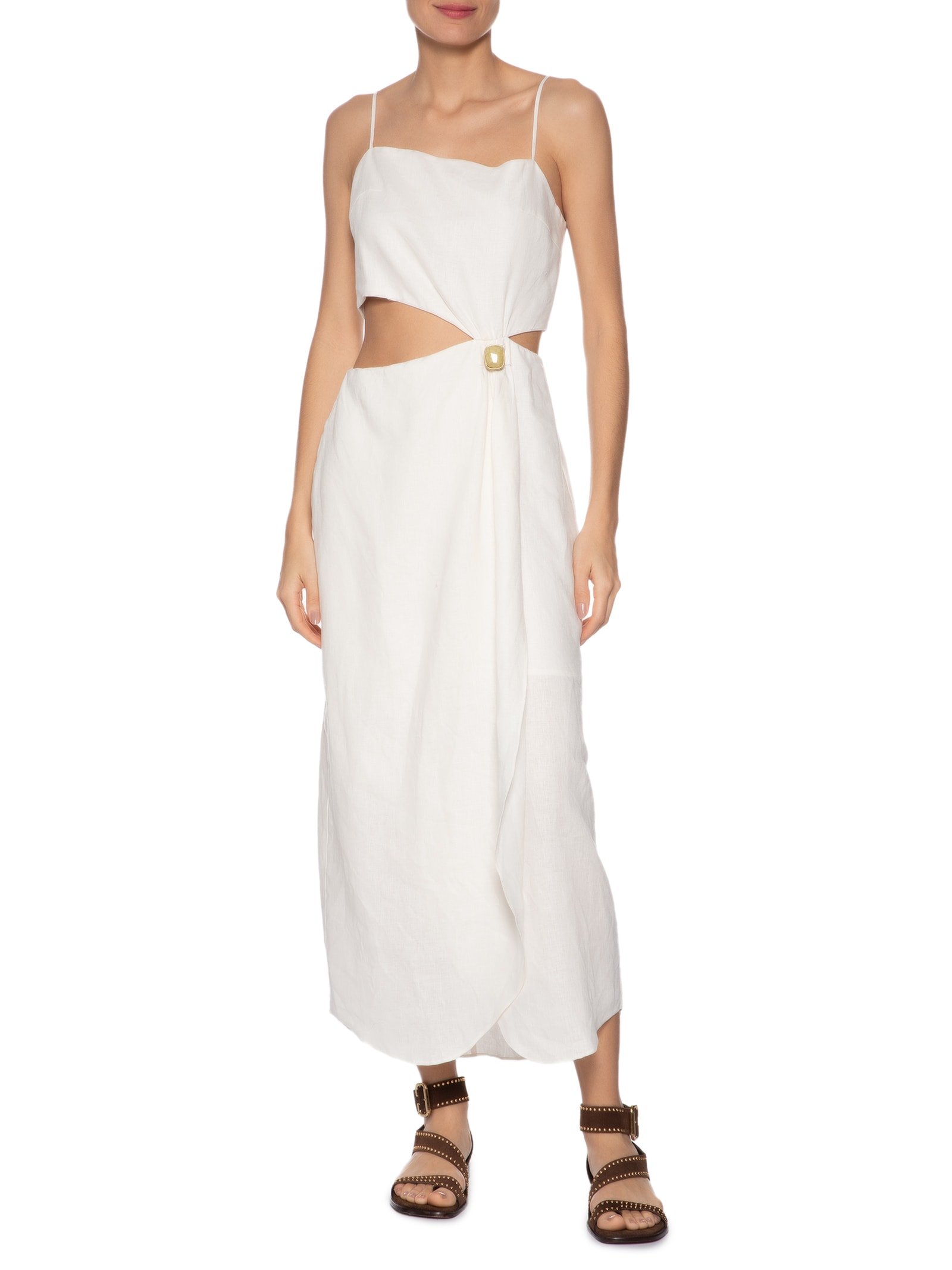 Vestido Midi Linho Transpasse Metal Branco Maria Filó