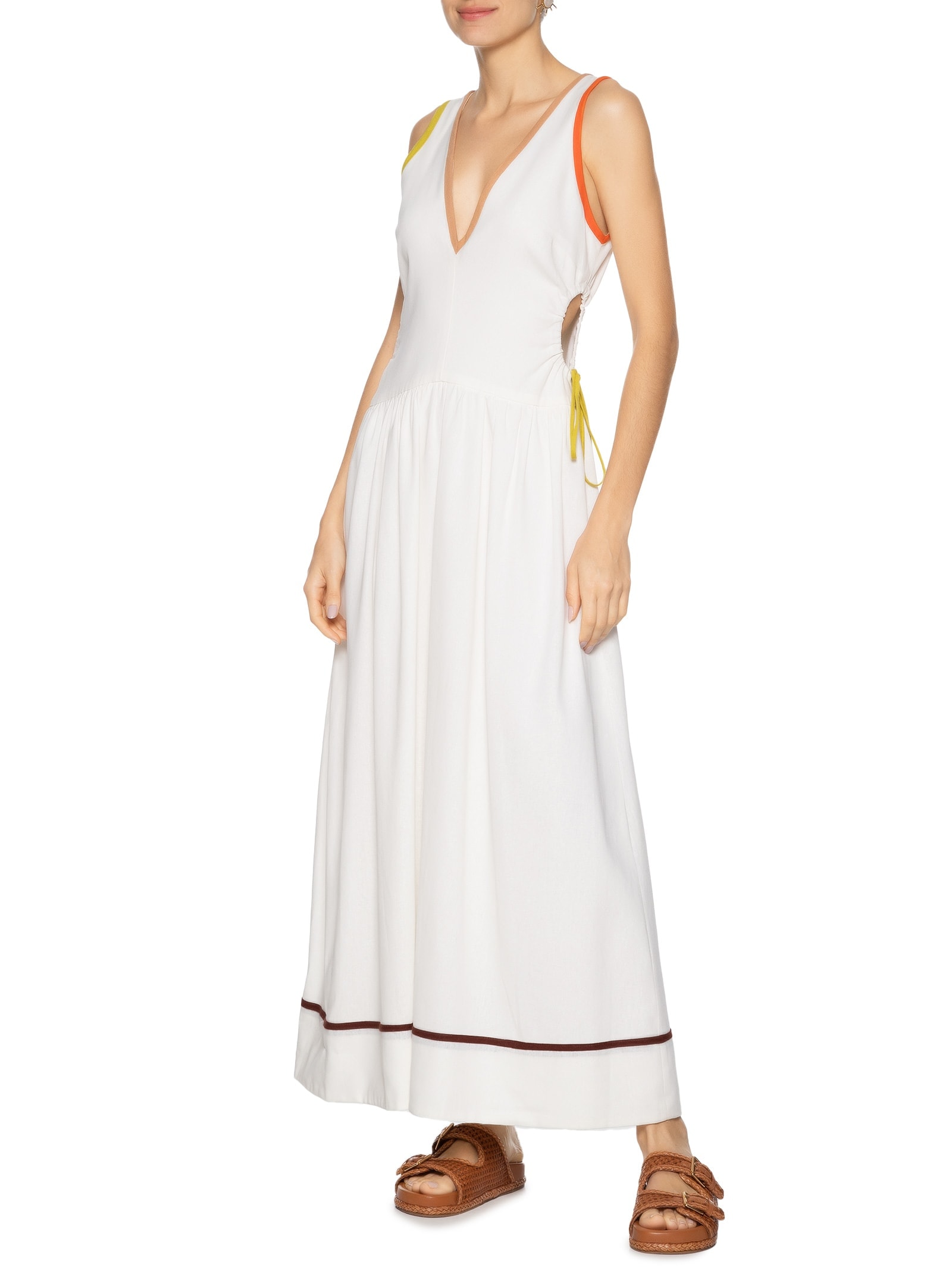 Vestido Midi Linho Vivos Coloridos Off White Dress To