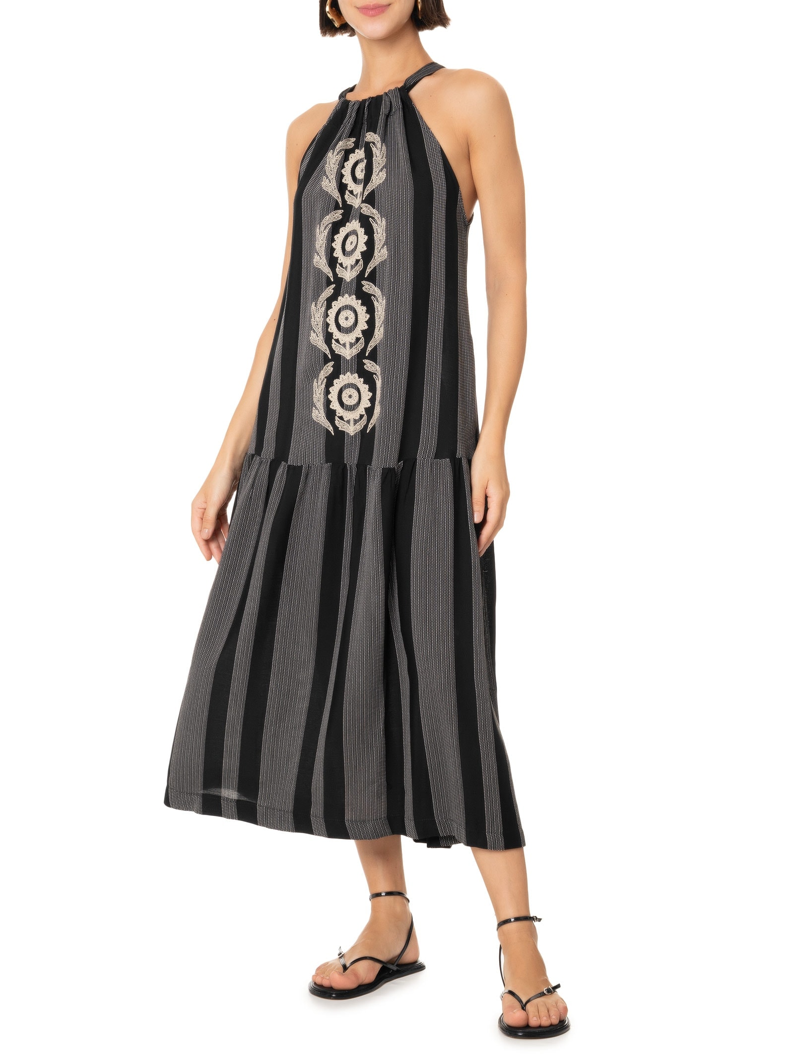 Vestido Midi Listra Bordado Instante Preto Cantão