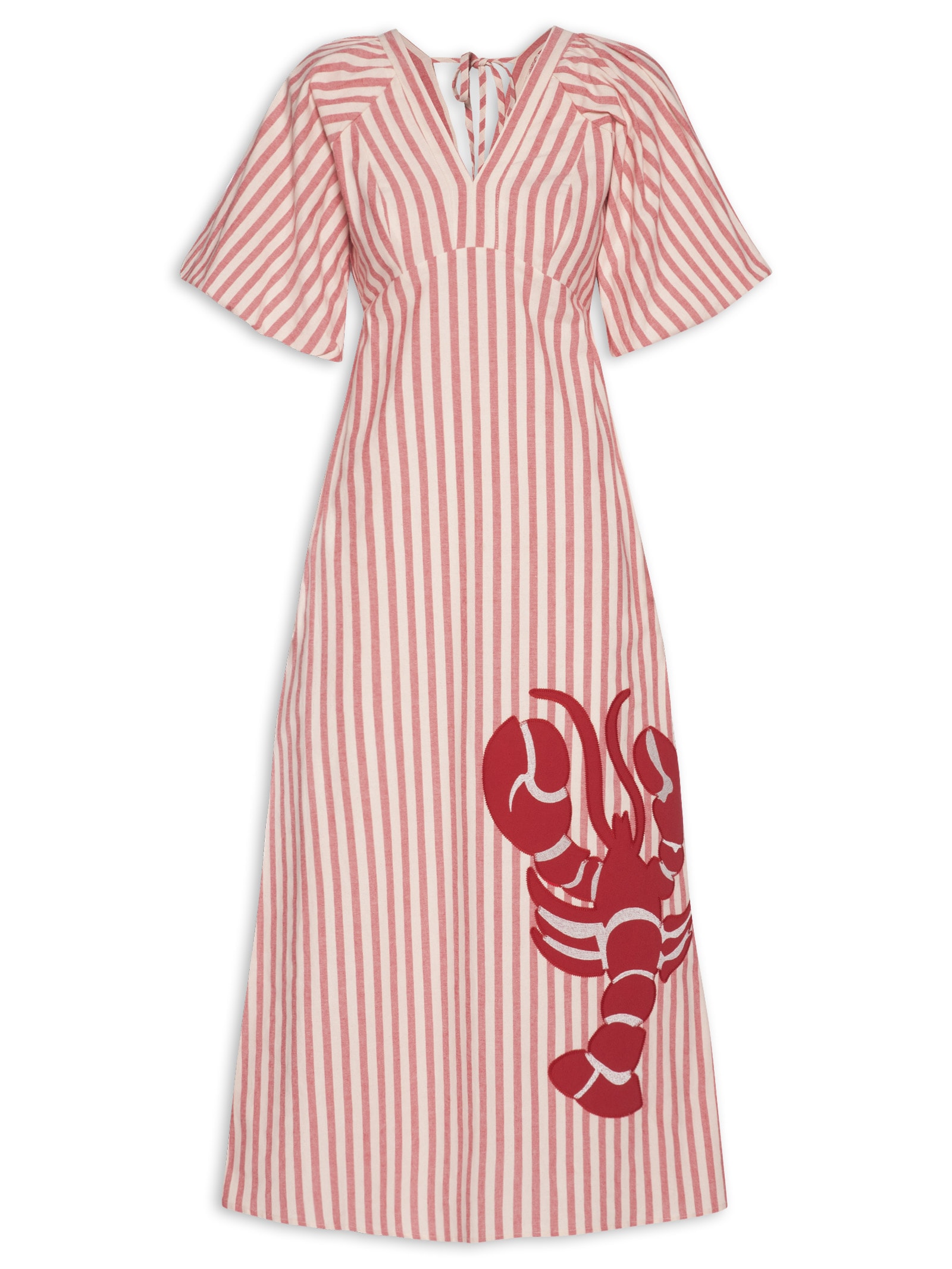 Vestido Midi Listrado Bordado Lagosta Vermelho Cacay