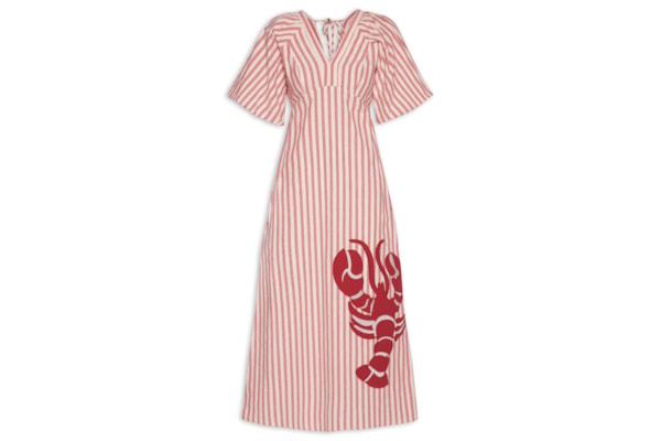 Vestido Midi Listrado Bordado Lagosta - Vermelho