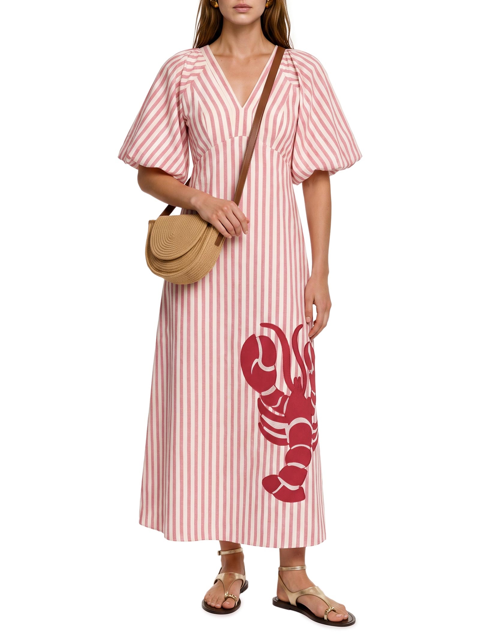 Vestido Midi Listrado Bordado Lagosta Vermelho Cacay