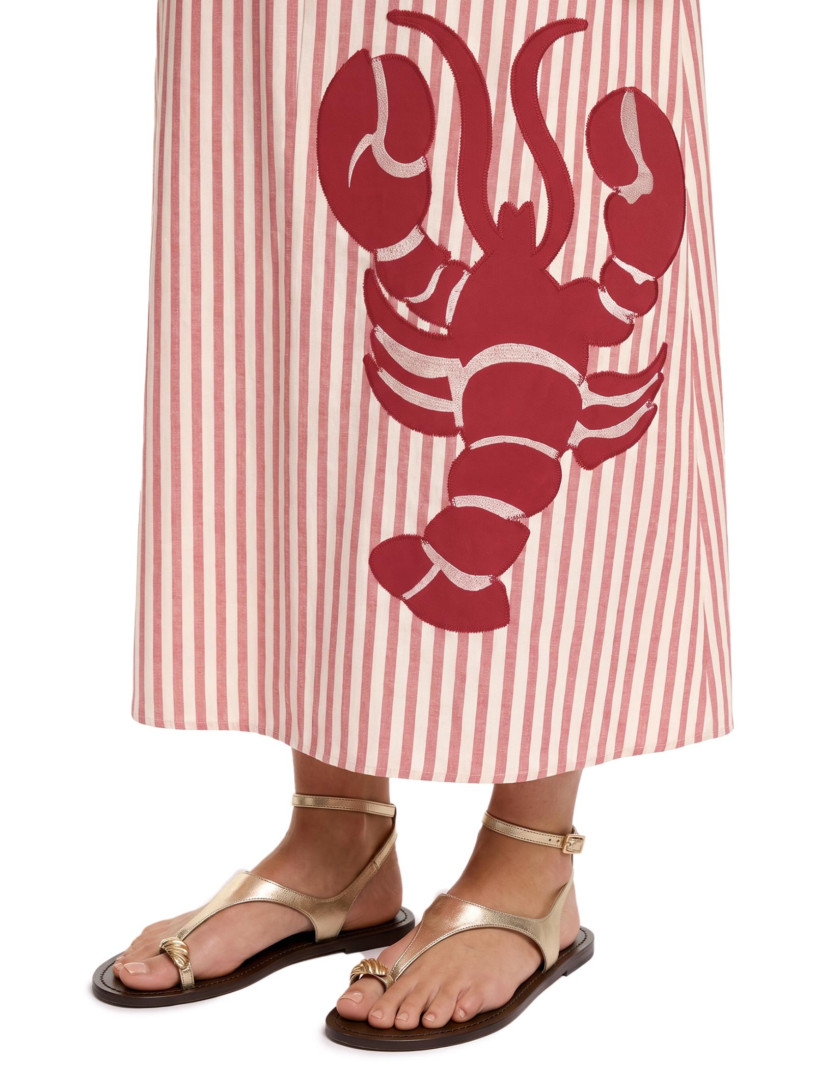 Vestido Midi Listrado Bordado Lagosta Vermelho Cacay