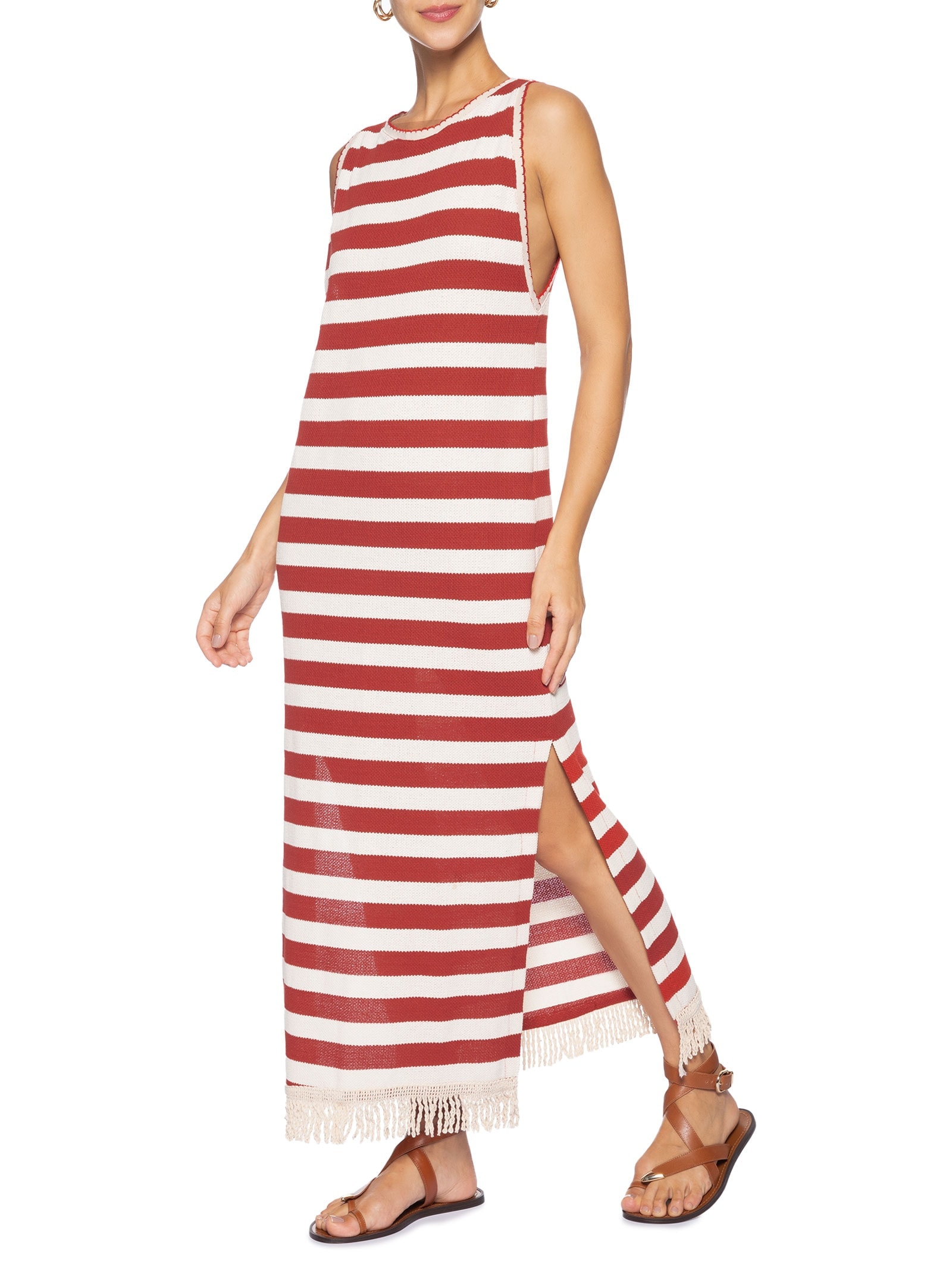 Vestido Midi Listrado Malha Tricot  – Vermelho Dress To