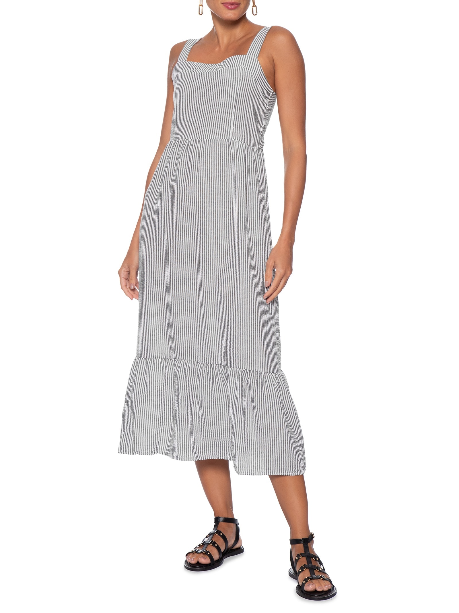 Vestido Midi Listrado Preto Basiq