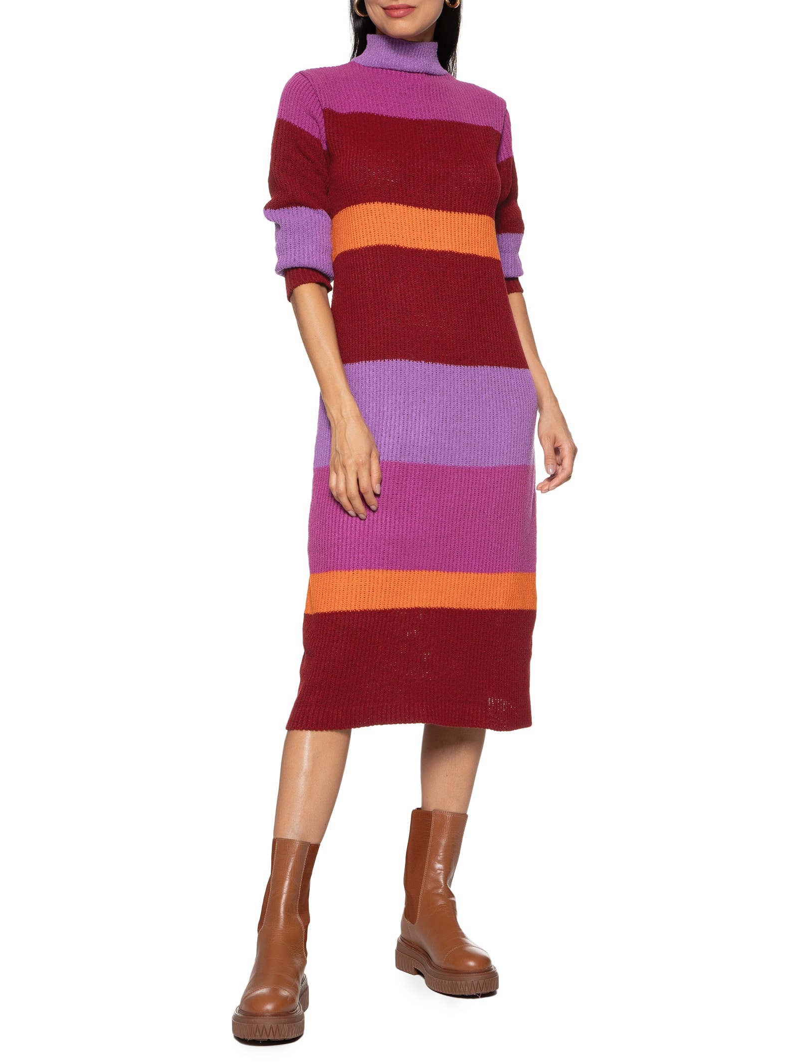 Vestido Midi Listrado Tricot Roxo Cacay