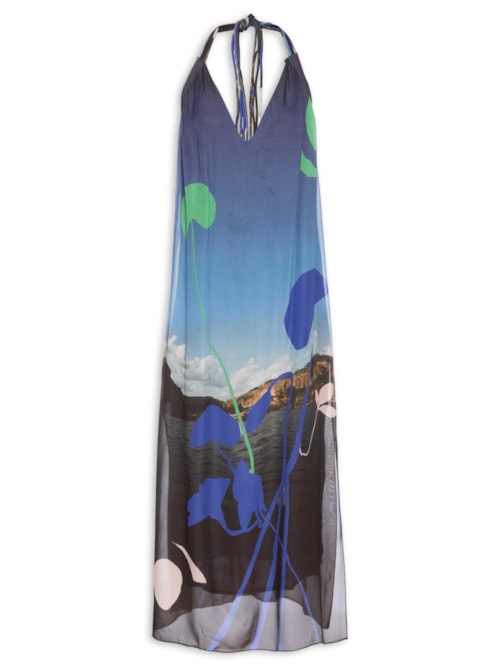 Vestido Midi Localizado Foto Paisagem – Azul