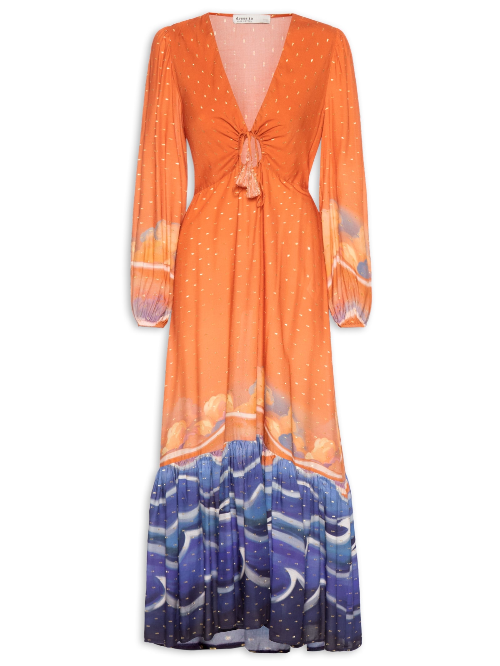 Vestido Midi Lurex Estampa Maré Alta Laranja Dress To