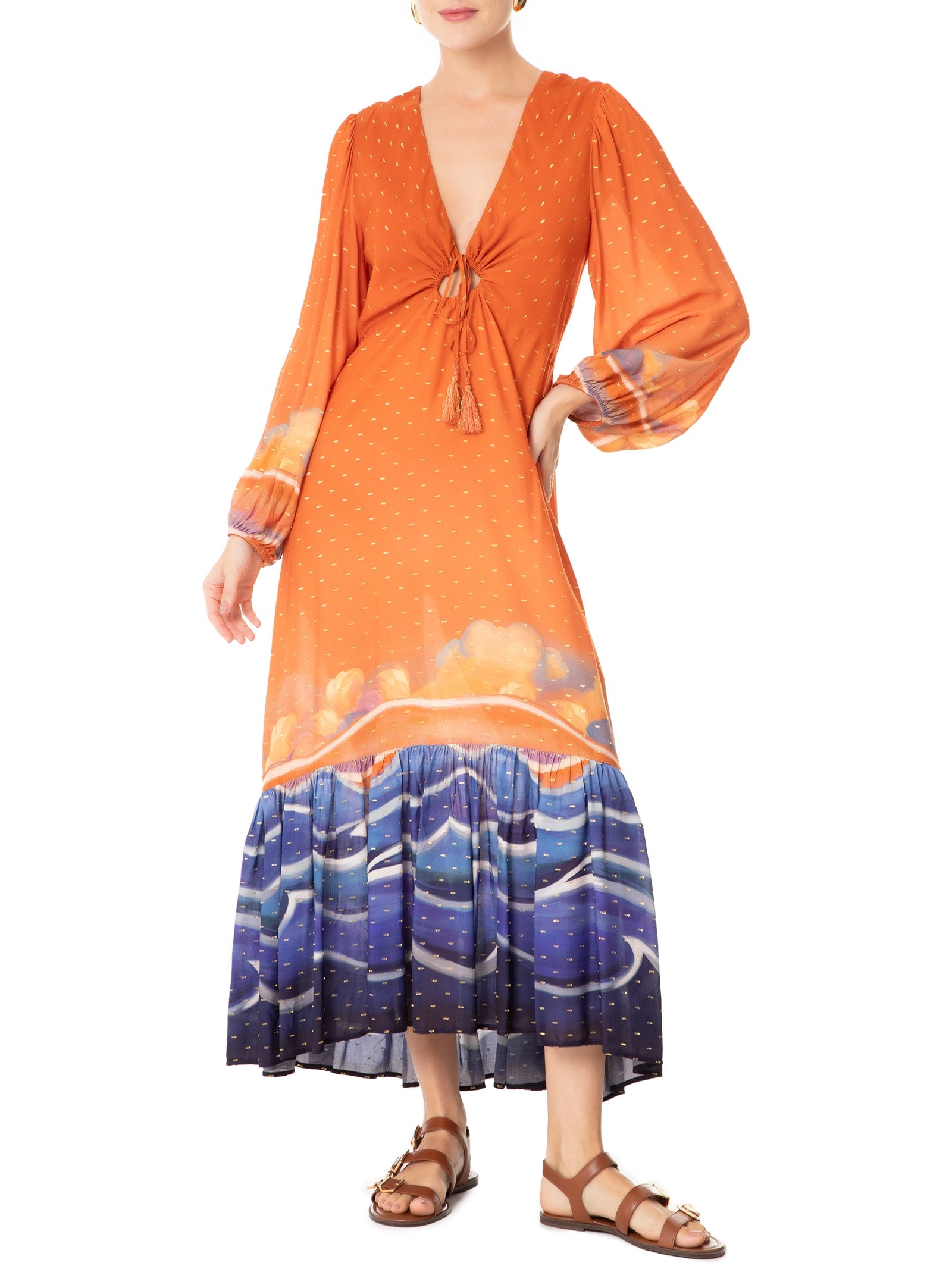 Vestido Midi Lurex Estampa Maré Alta Laranja Dress To