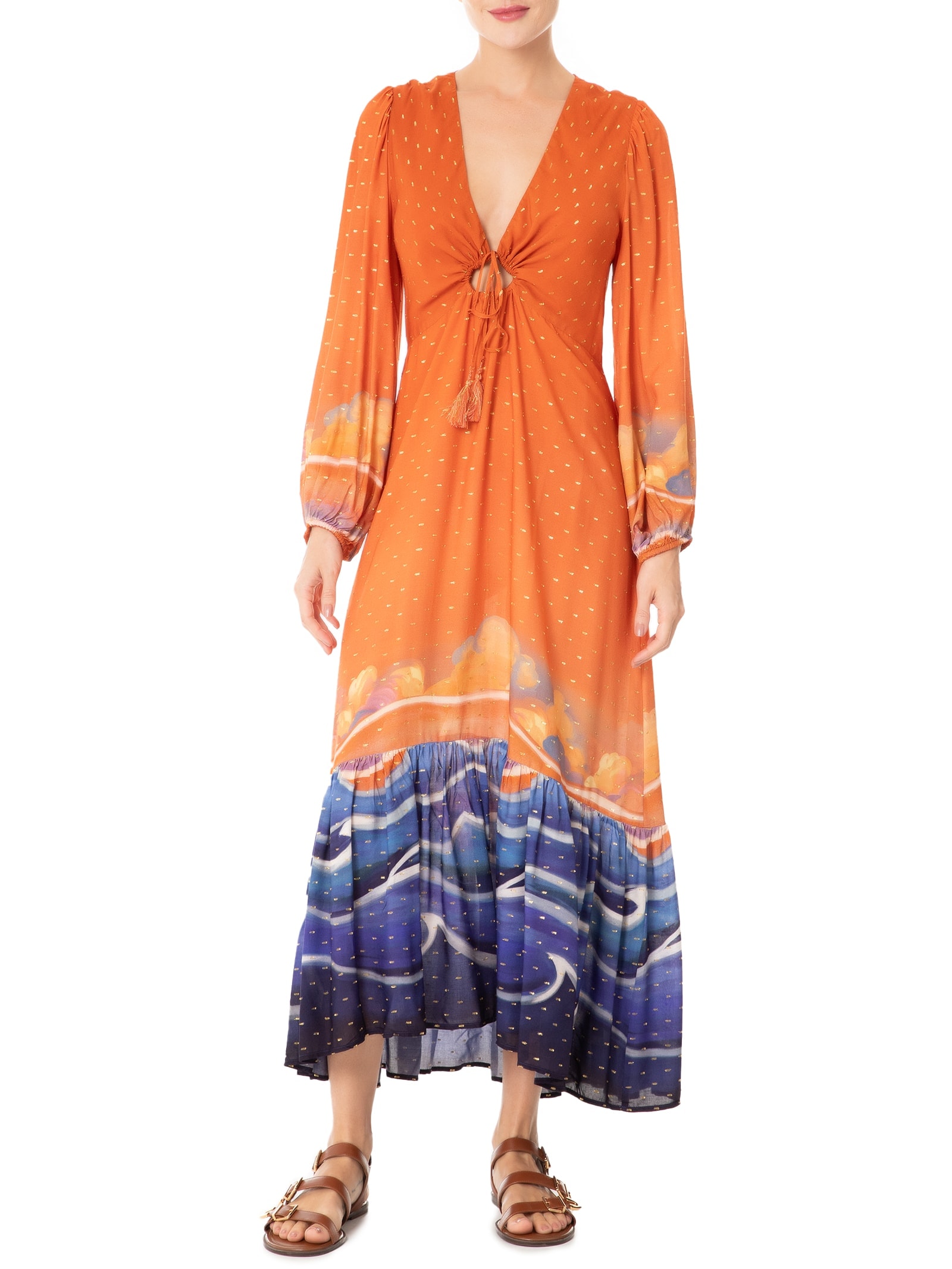 Vestido Midi Lurex Estampa Maré Alta Laranja Dress To