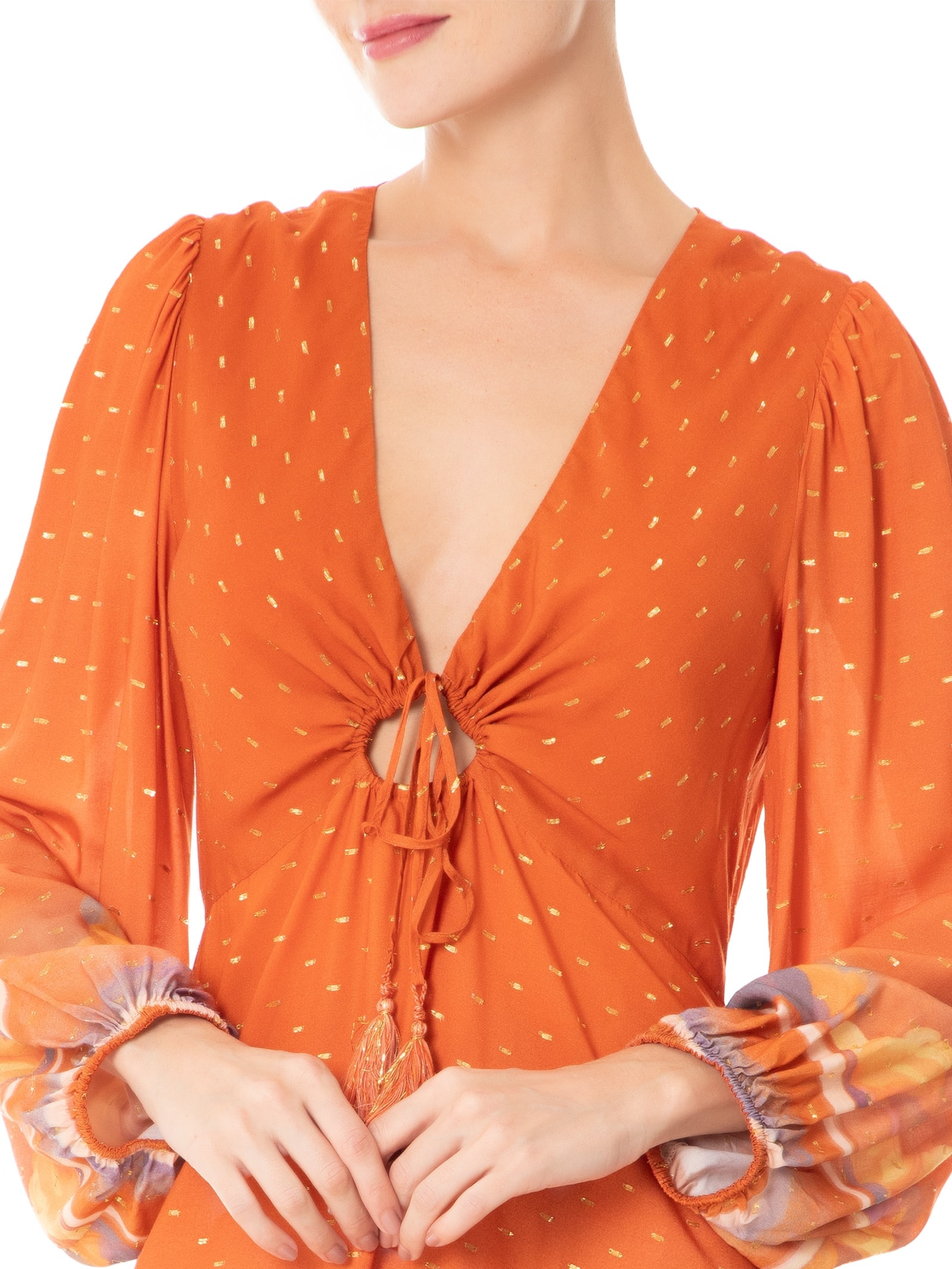 Vestido Midi Lurex Estampa Maré Alta Laranja Dress To