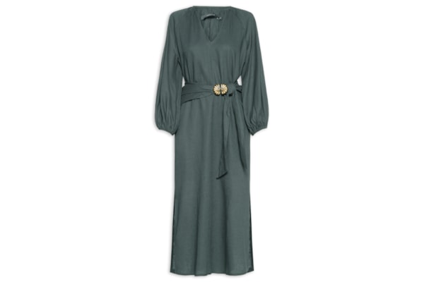 Vestido Midi Manga Bufante Lenço - Verde