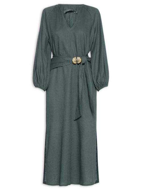 Vestido Midi Manga Bufante Lenço - Verde