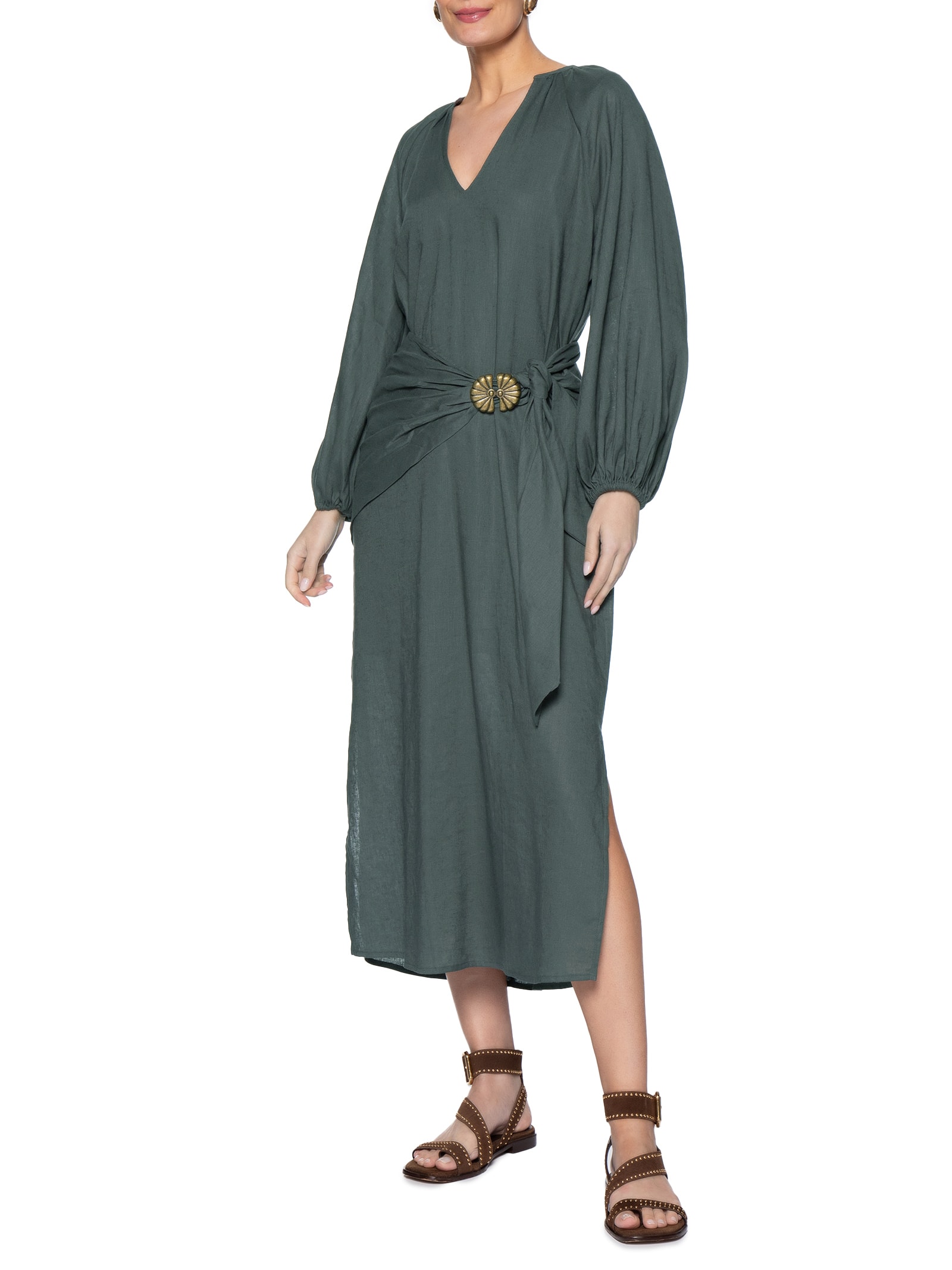 Vestido Midi Manga Bufante Lenço Verde Maria Filó