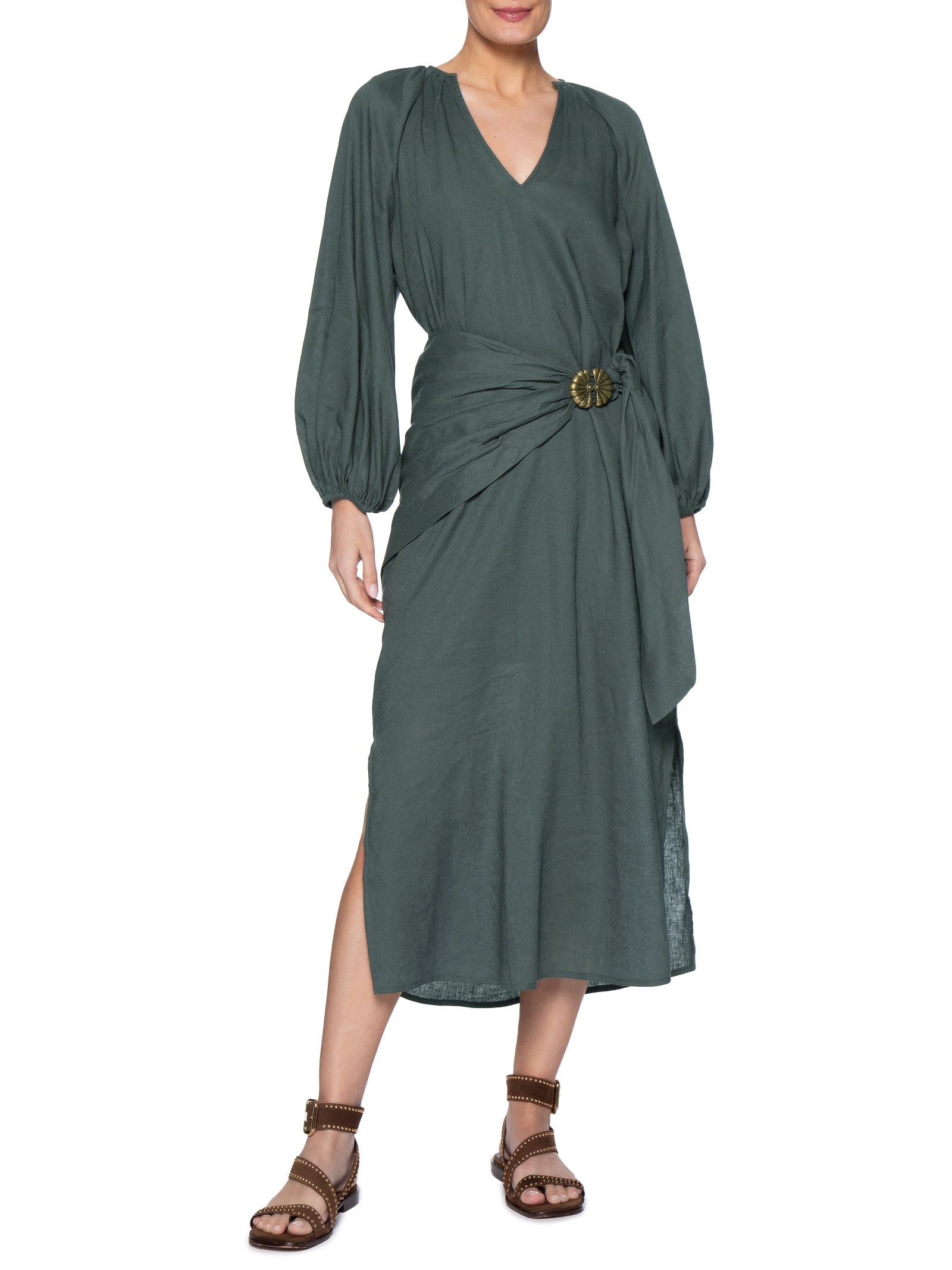 Vestido Midi Manga Bufante Lenço Verde Maria Filó