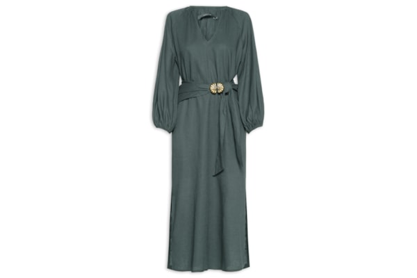 Vestido Midi Manga Bufante Lenço - Verde