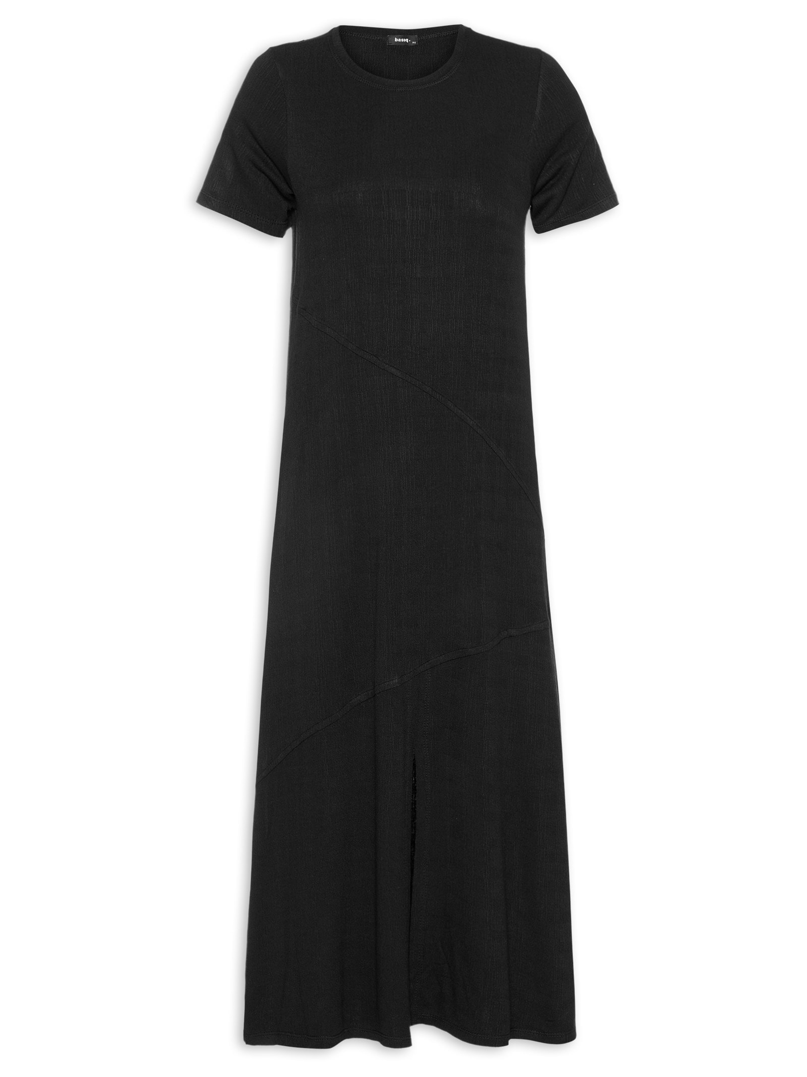 Vestido Midi Manga Curta com Recortes Preto Basiq