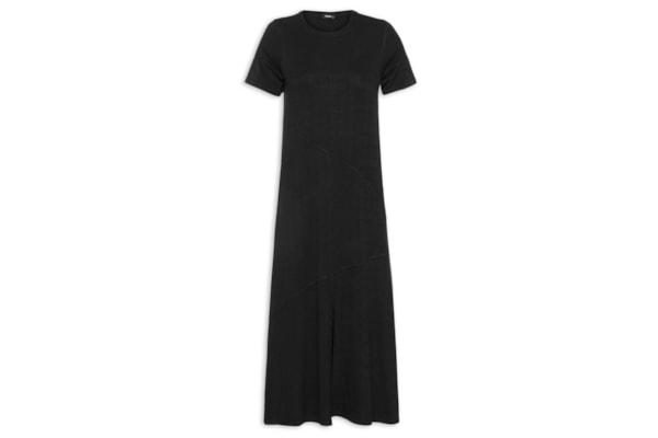 Vestido Midi Manga Curta com Recortes - Preto