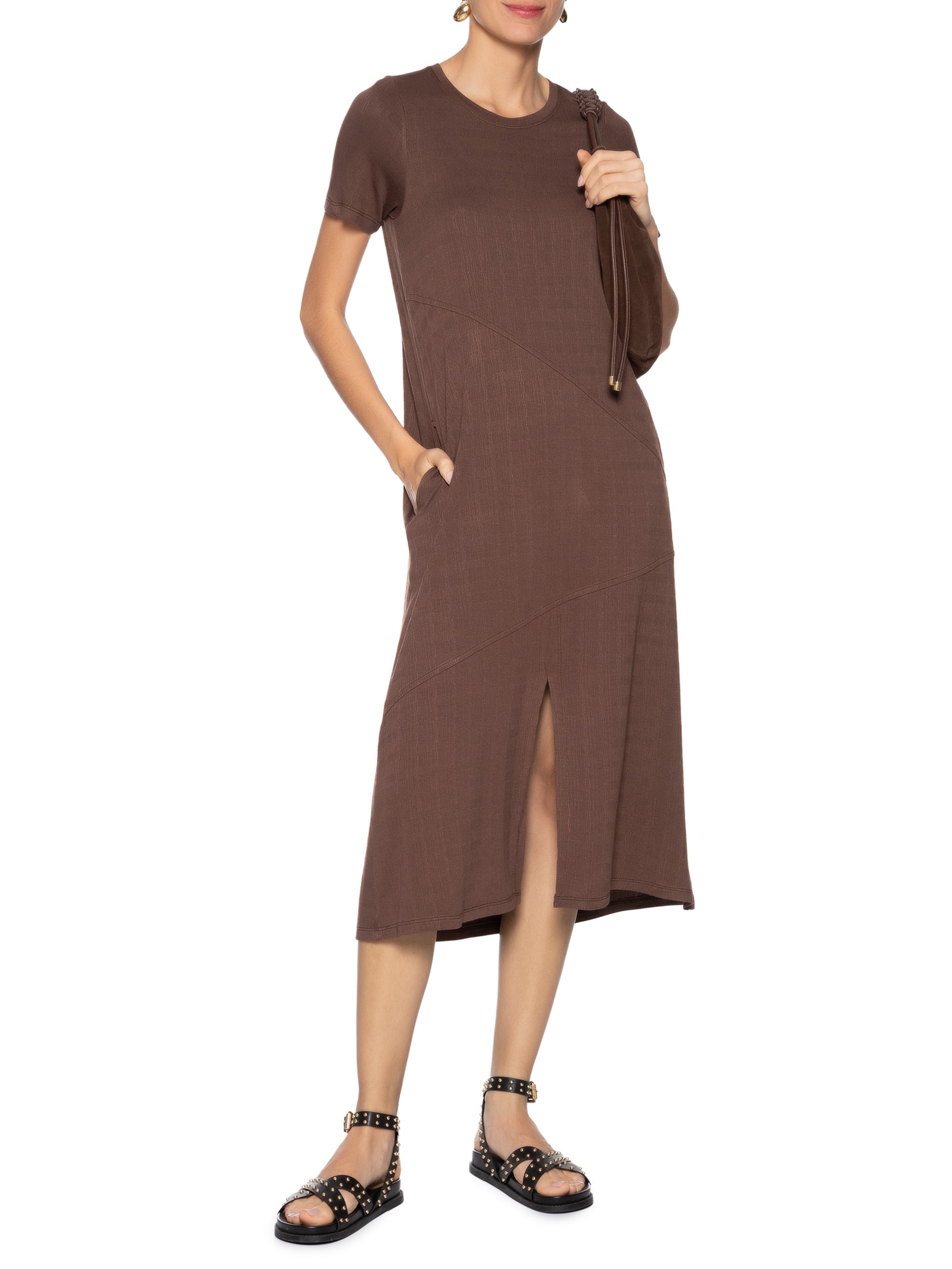 Vestido Midi Manga Curta com Recortes – Preto Basiq